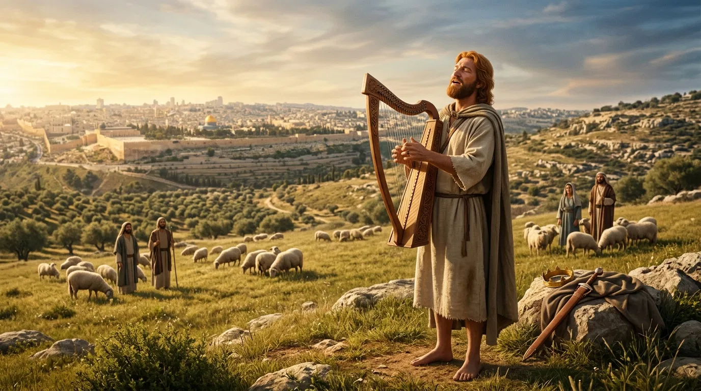 David Singing Psalms with a Harp Above Jerusalem