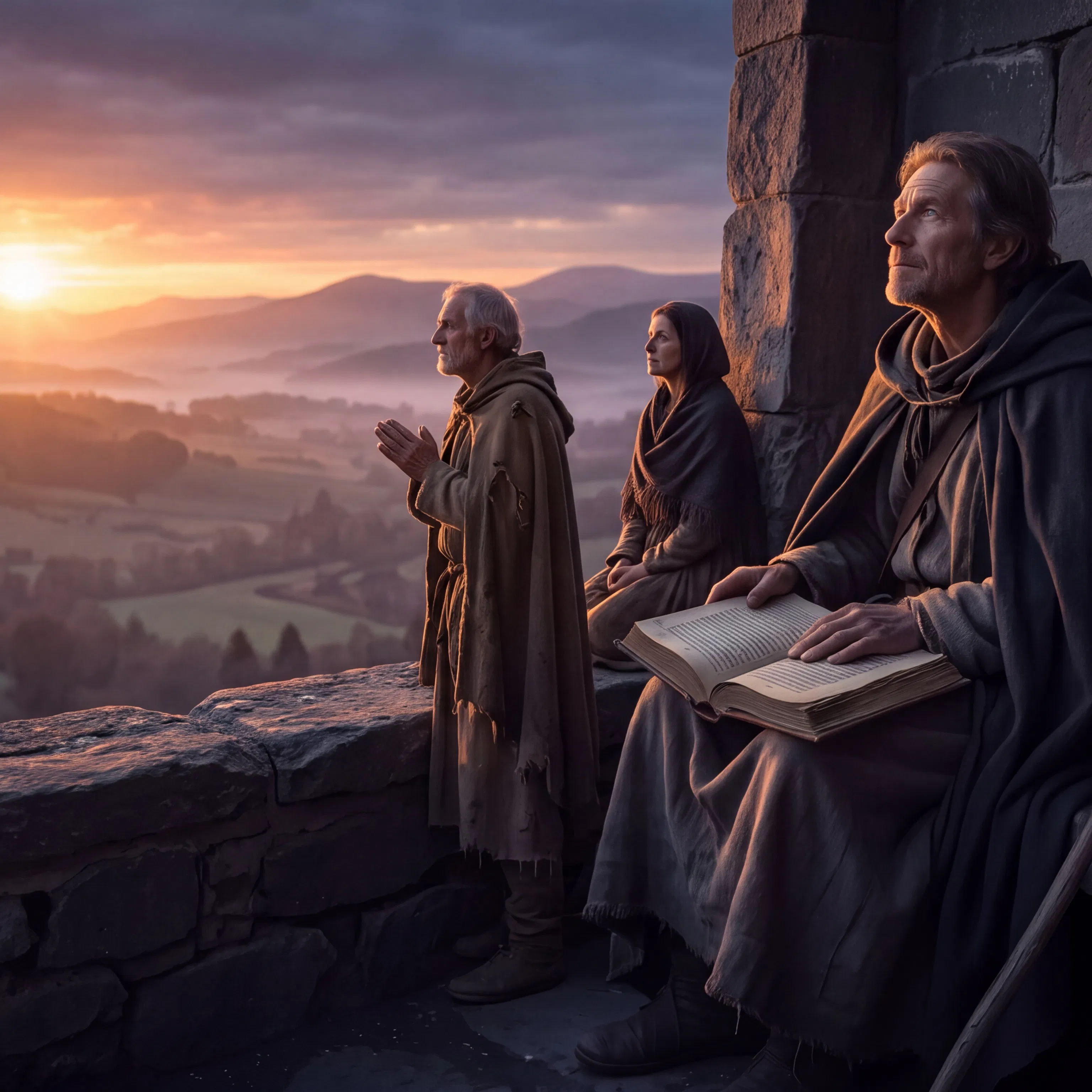 Three Pilgrims Pray and Read at Sunrise