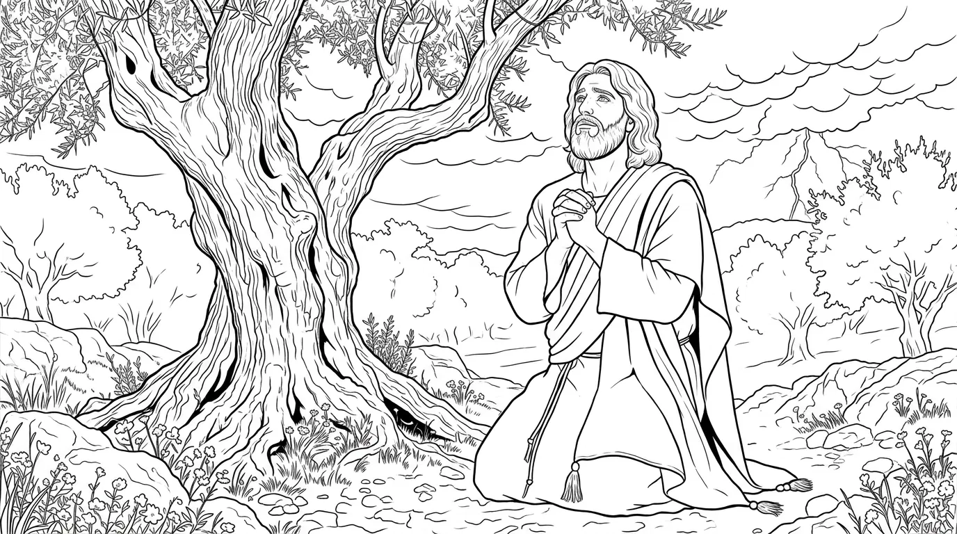 Jesus Prays Kneeling Beneath an Olive Tree Coloring Page
