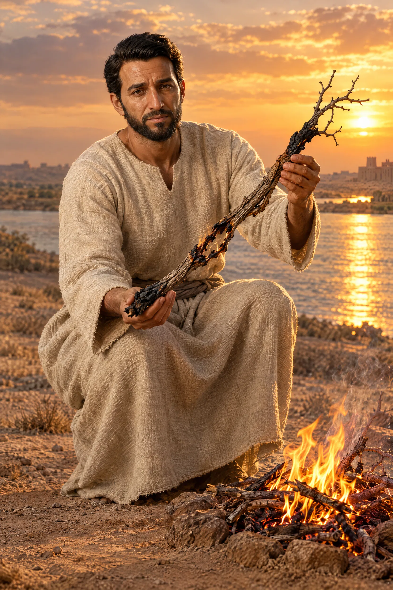 Ezekiel Holds a Charred Vine Branch Beside a Fire