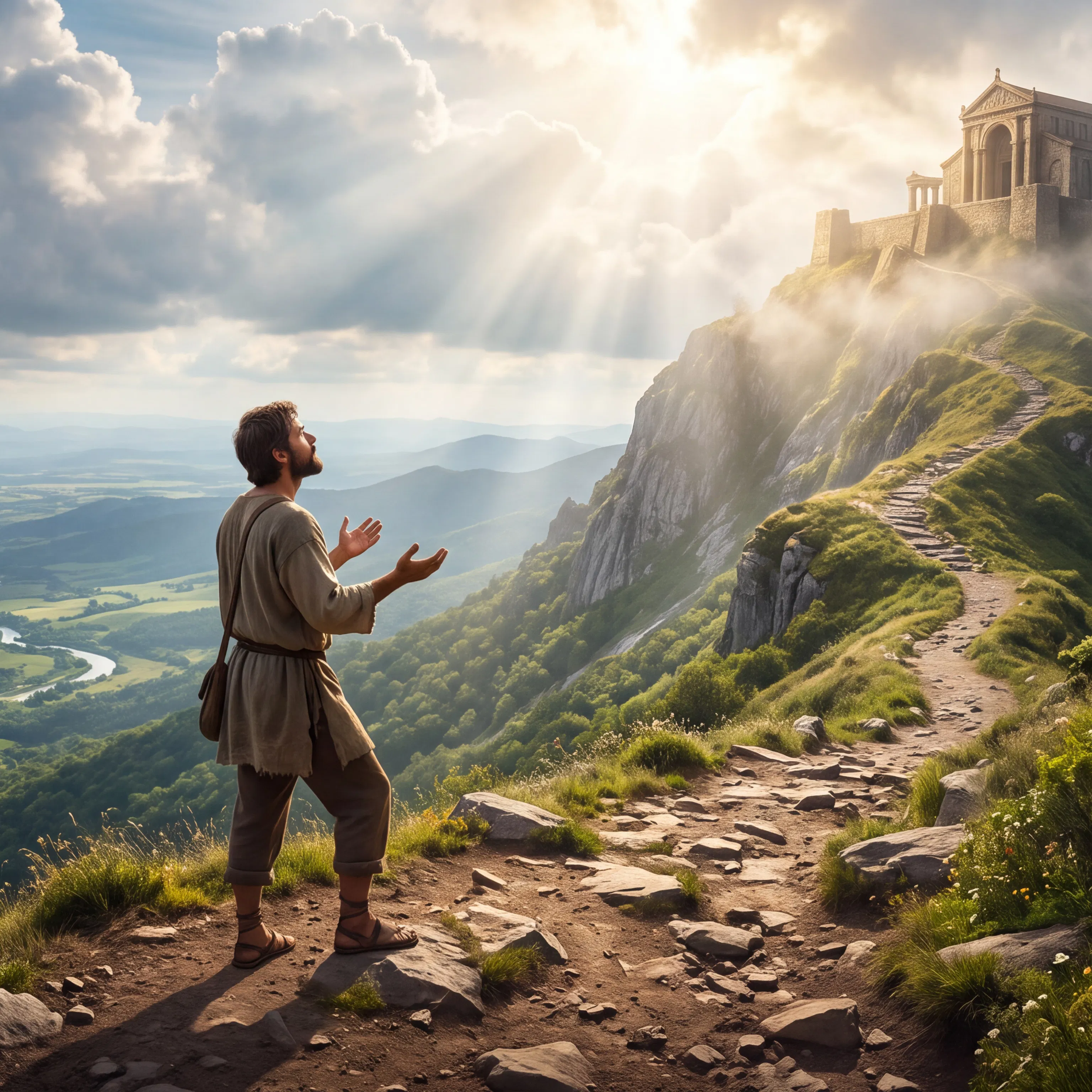 Man Raises Hands Toward Temple on the Mountain