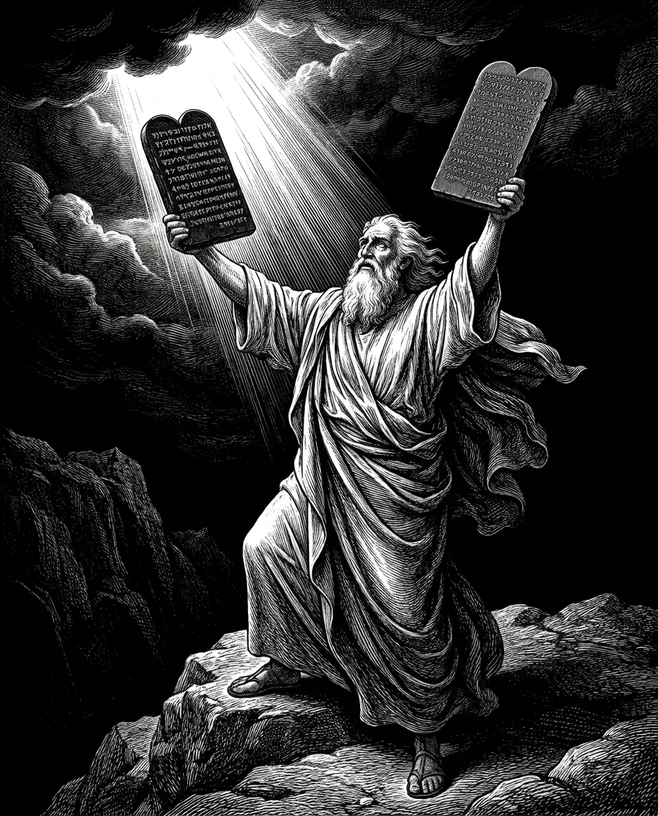 Moses Holds Up the Ten Commandments on the Mountain