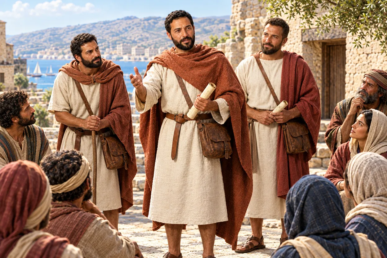 Three Men with Scrolls Speaking to a Crowd