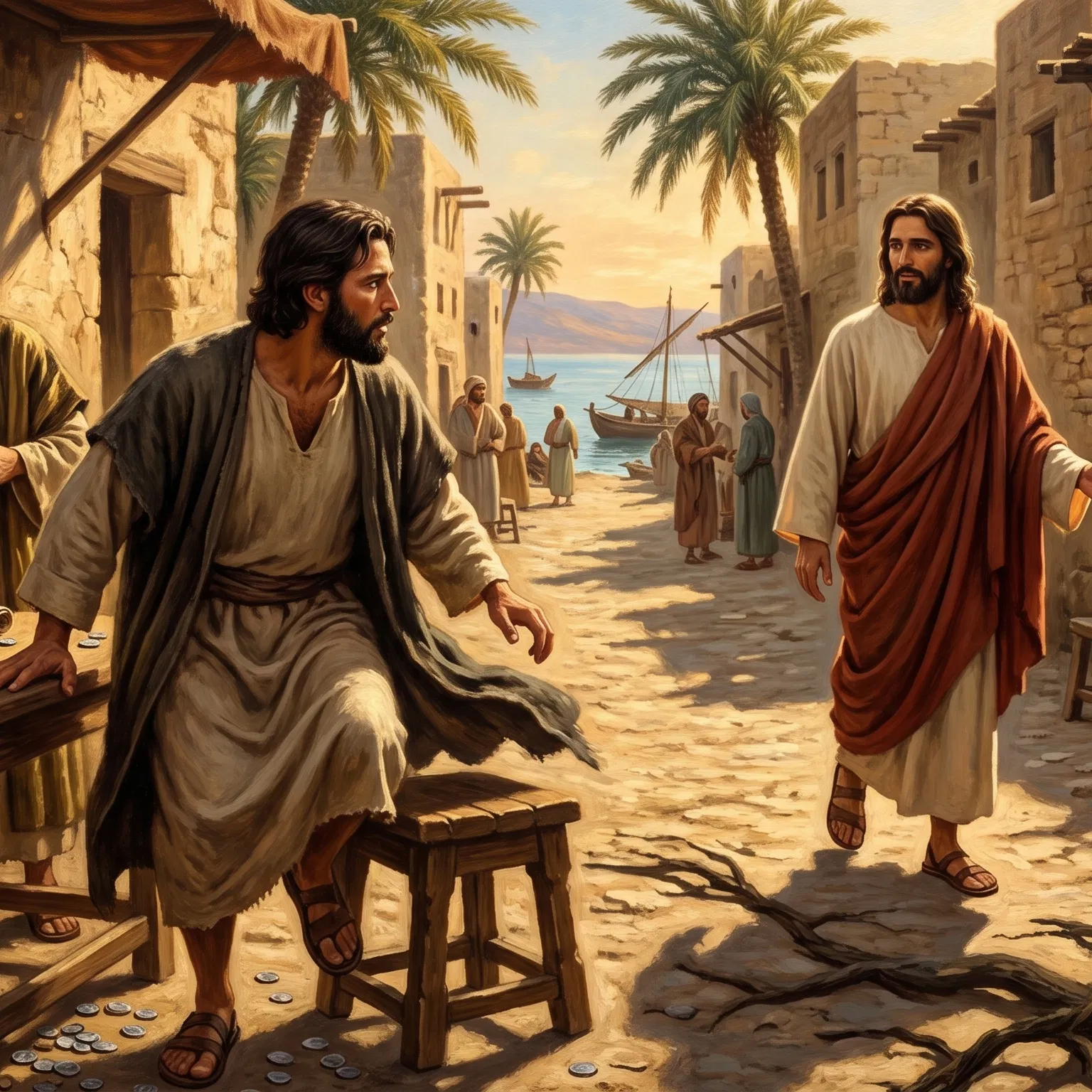 Matthew Leaves His Counting Table to Follow Jesus