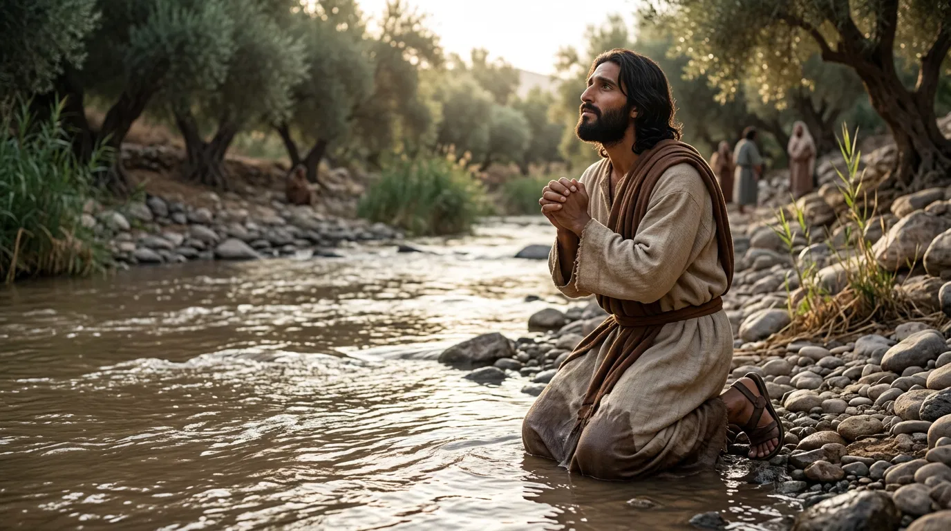 Jesus Kneels in Prayer in the Jordan River