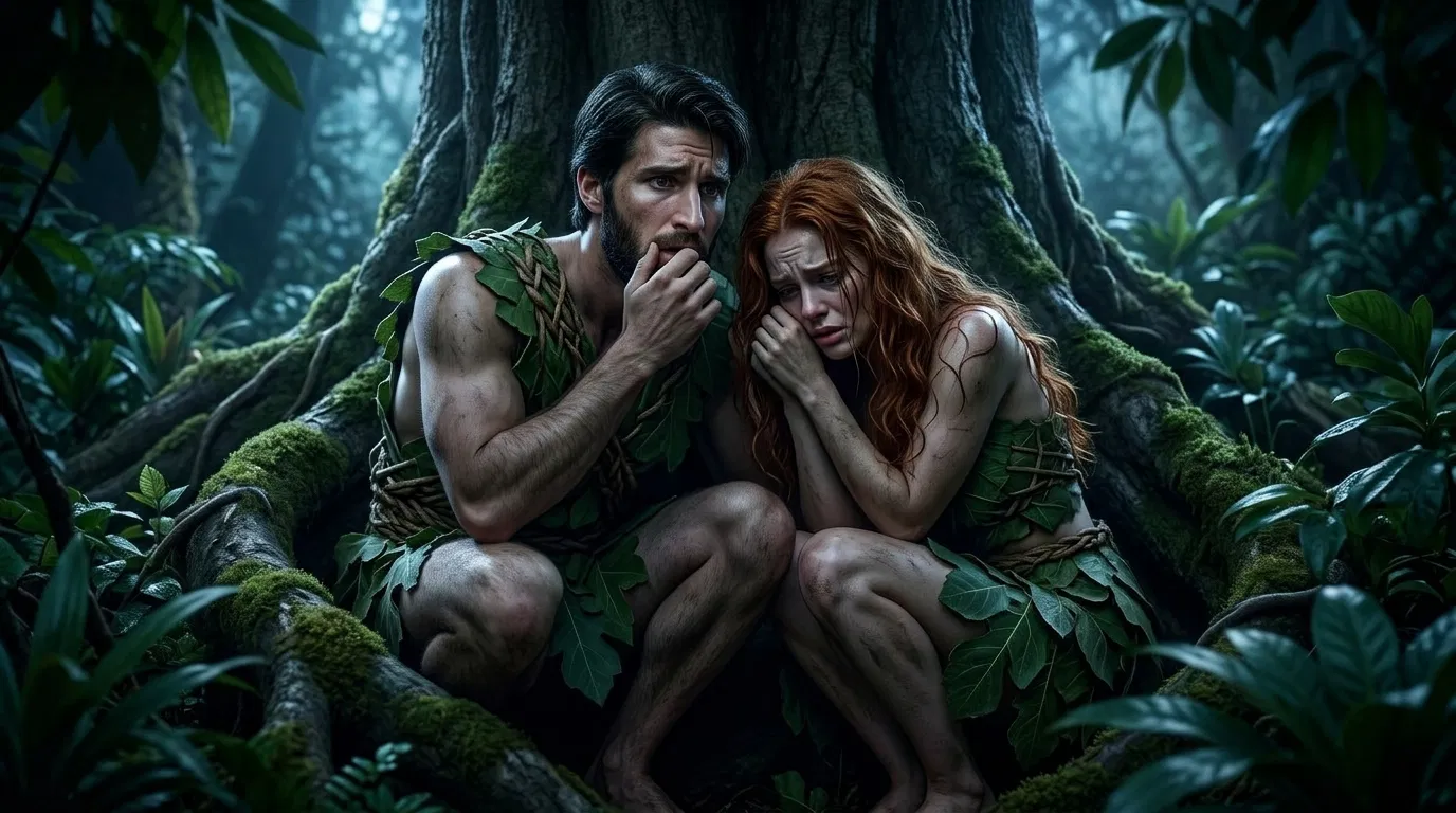 Adam and Eve Cower Beneath a Tree in Fear
