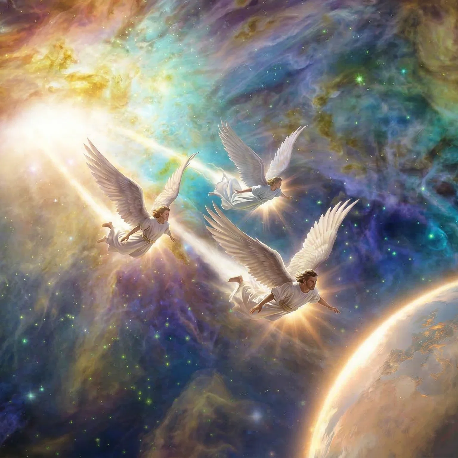 Three Angels Amidst Orion Nebulae