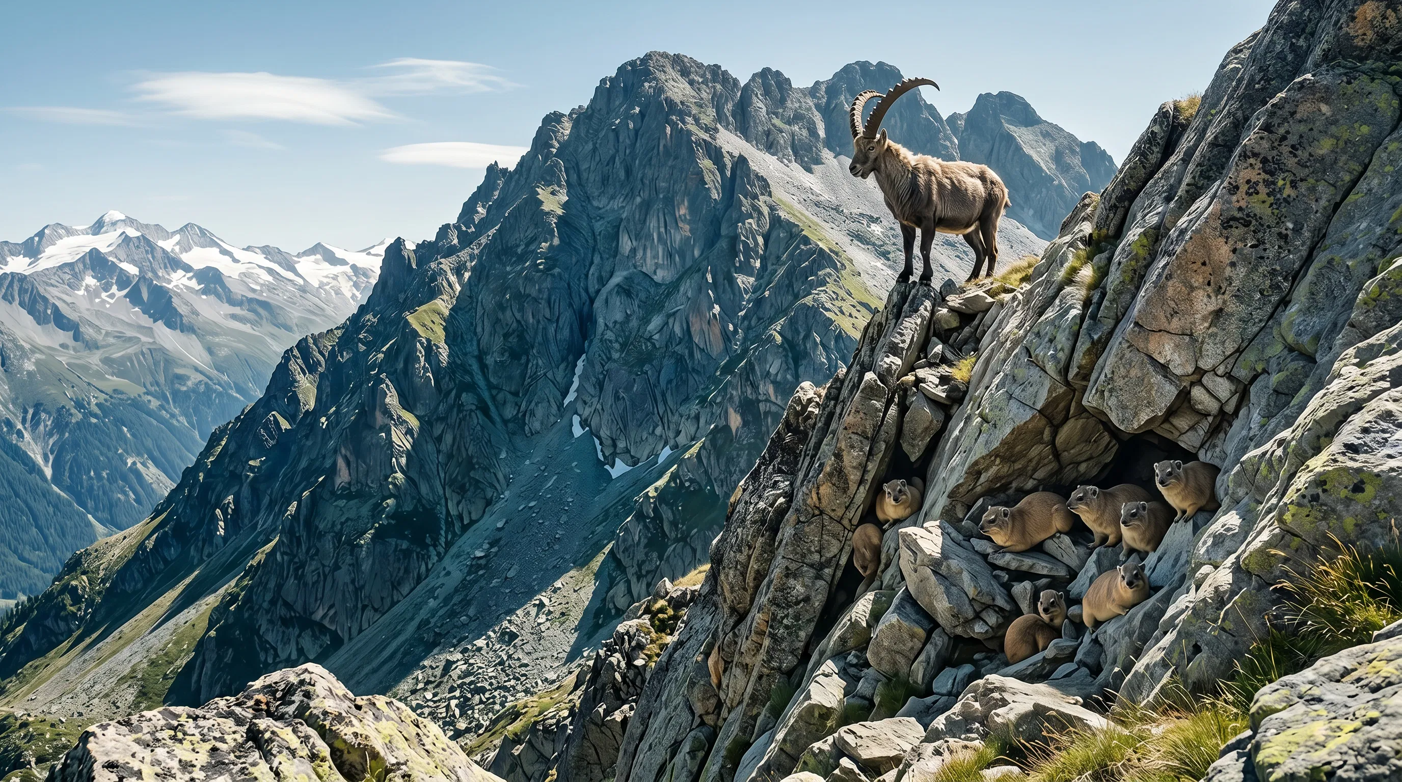 Wild Goat and Rock Badgers on the Mountain