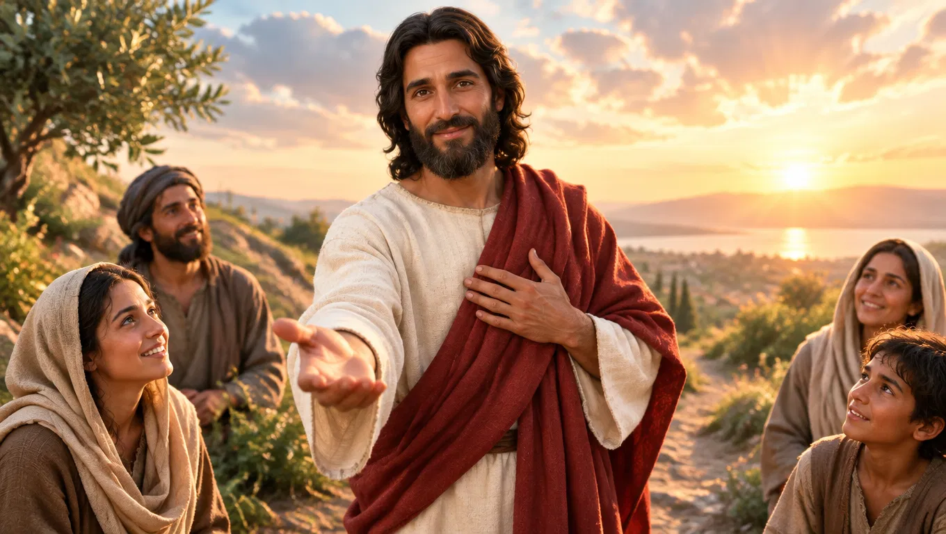 Jesus Reaching Out to People at Sunset