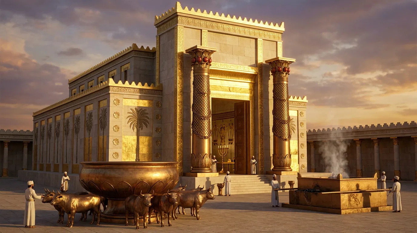Solomon's Temple With the Bronze Sea and Pillars