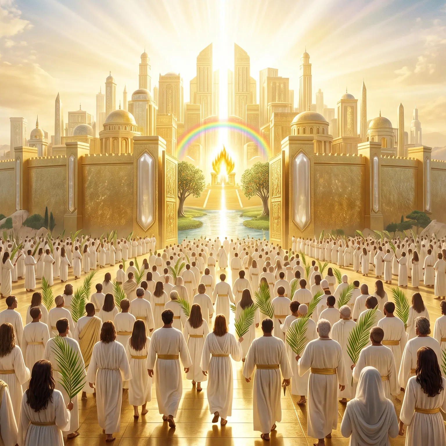 Believers Enter the Golden City Gates With Palms