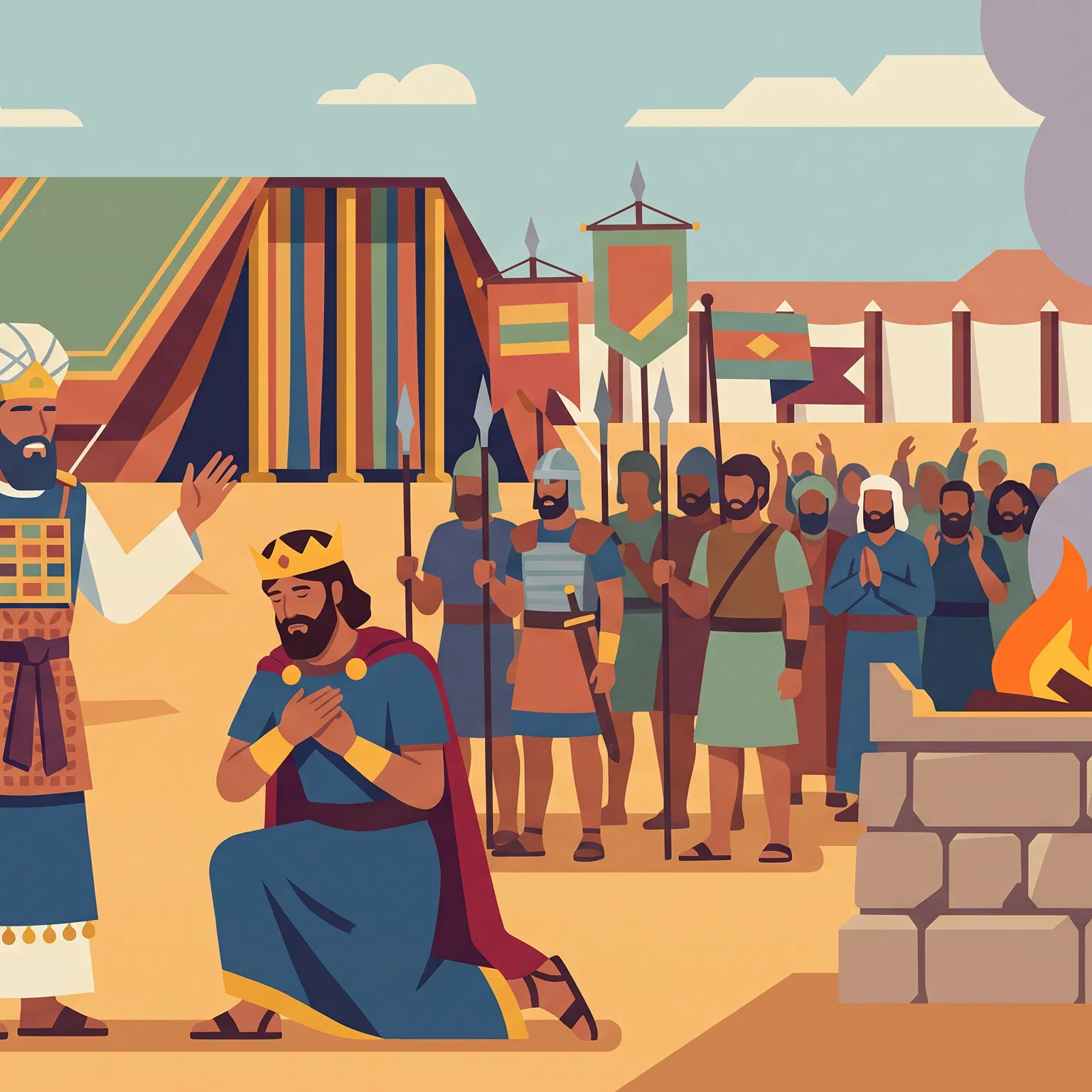 King Kneeling Before the High Priest at the Altar