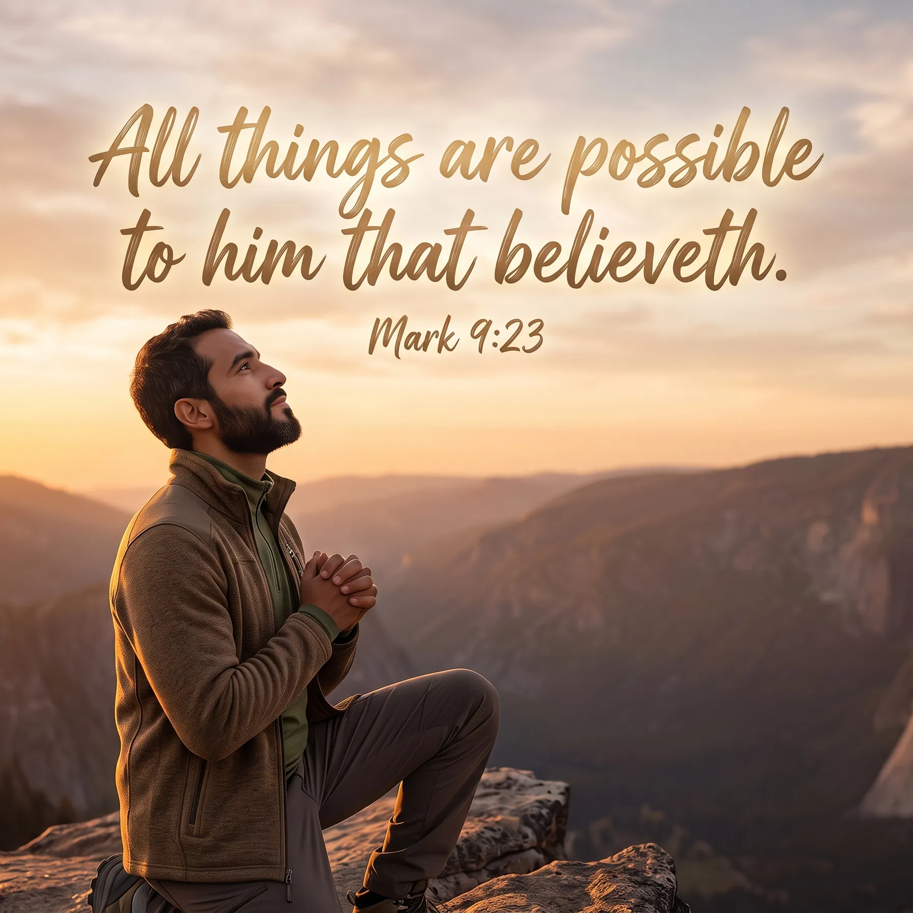 Man Praying on a Cliff With Mark 9 Verse 23
