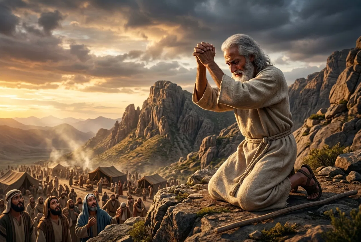 Moses Kneeling in Prayer Above the Camp of Israel
