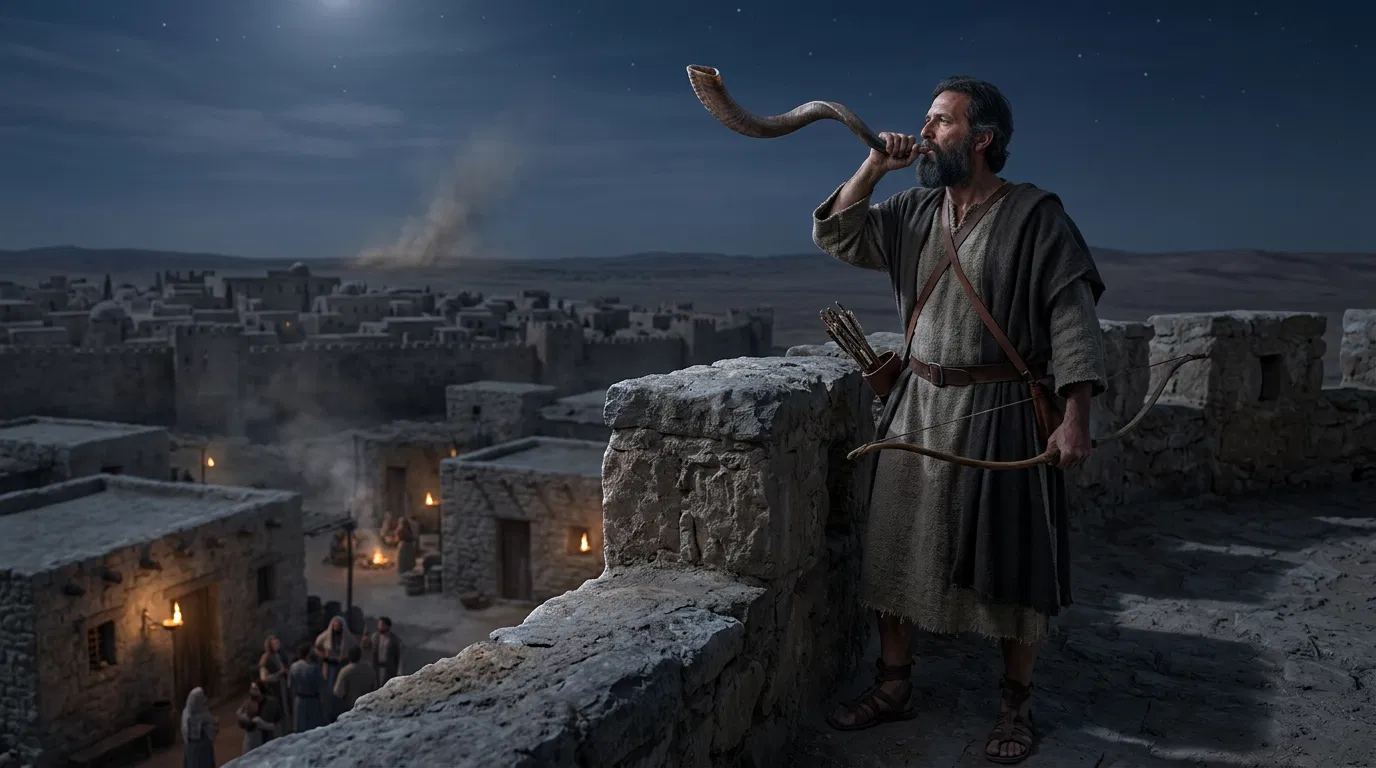 The Watchman Blows the Trumpet on the City Wall