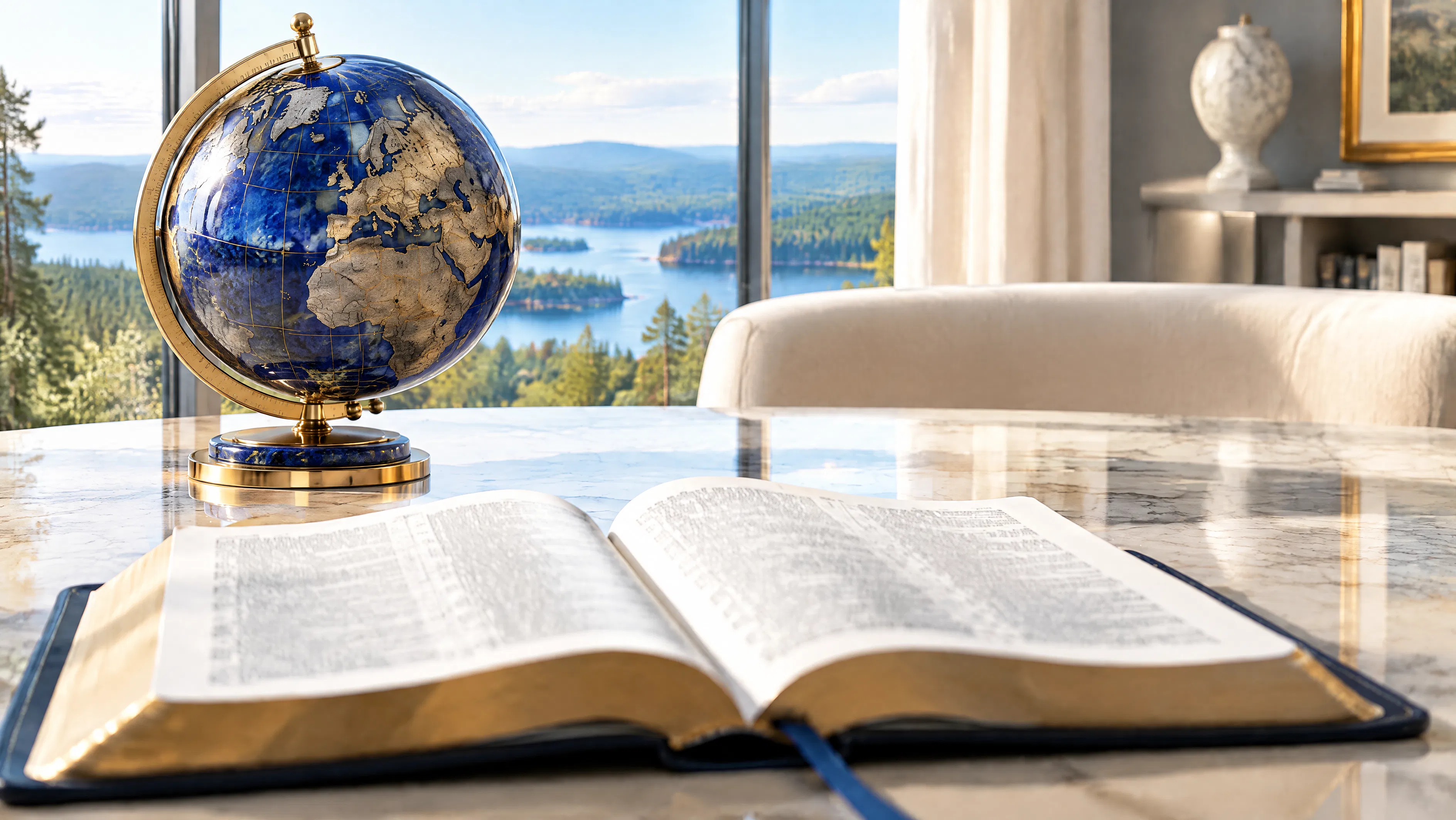 Open Bible Beside a Globe by a Window