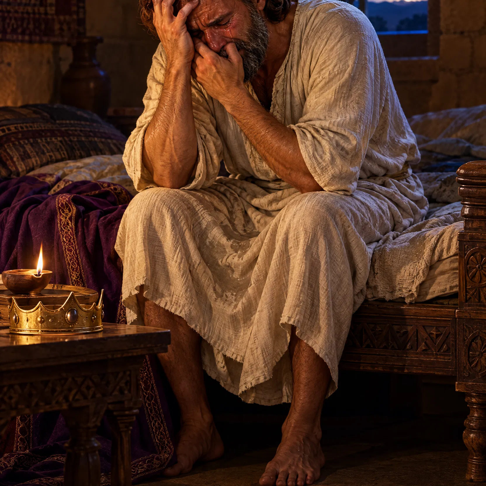 David Weeps on the Edge of His Bed at Night
