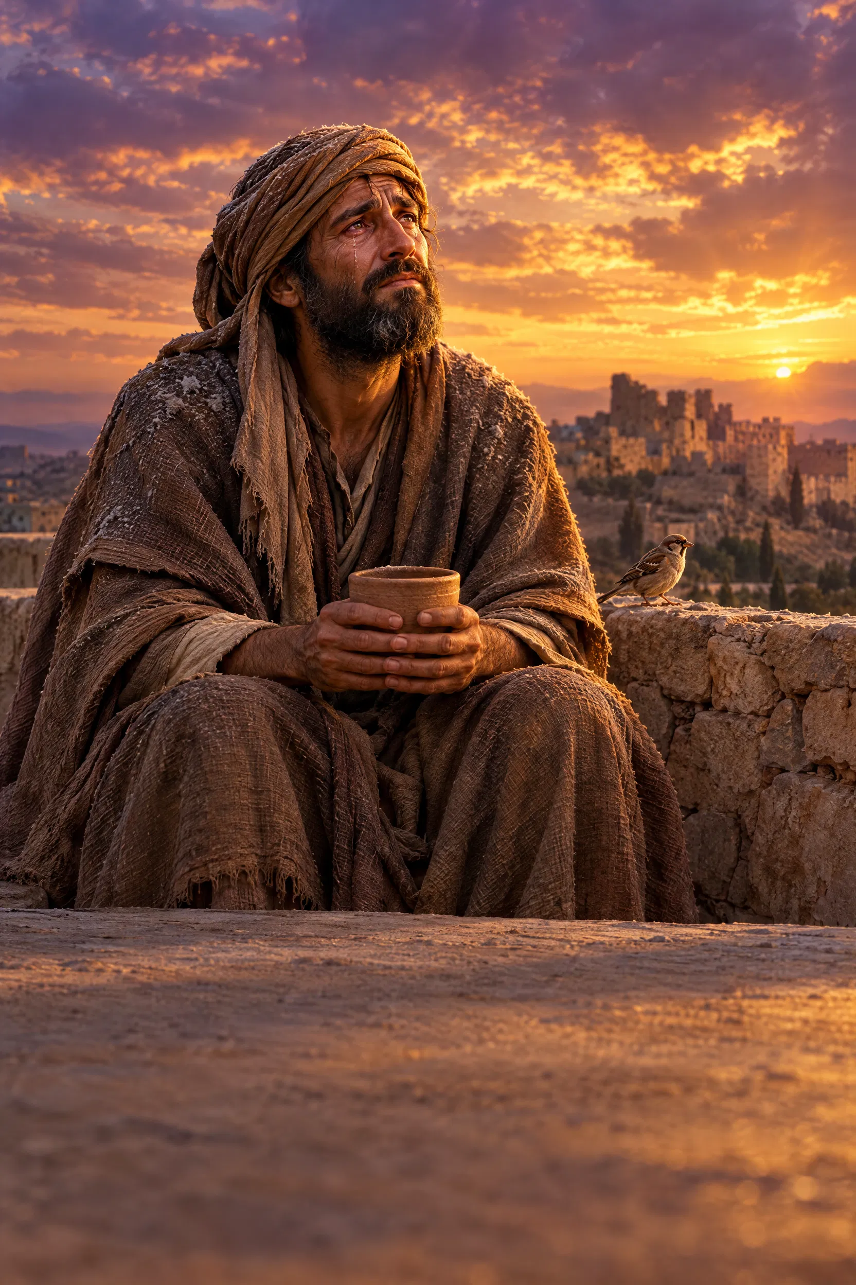 Afflicted Man Alone on a Rooftop at Dusk