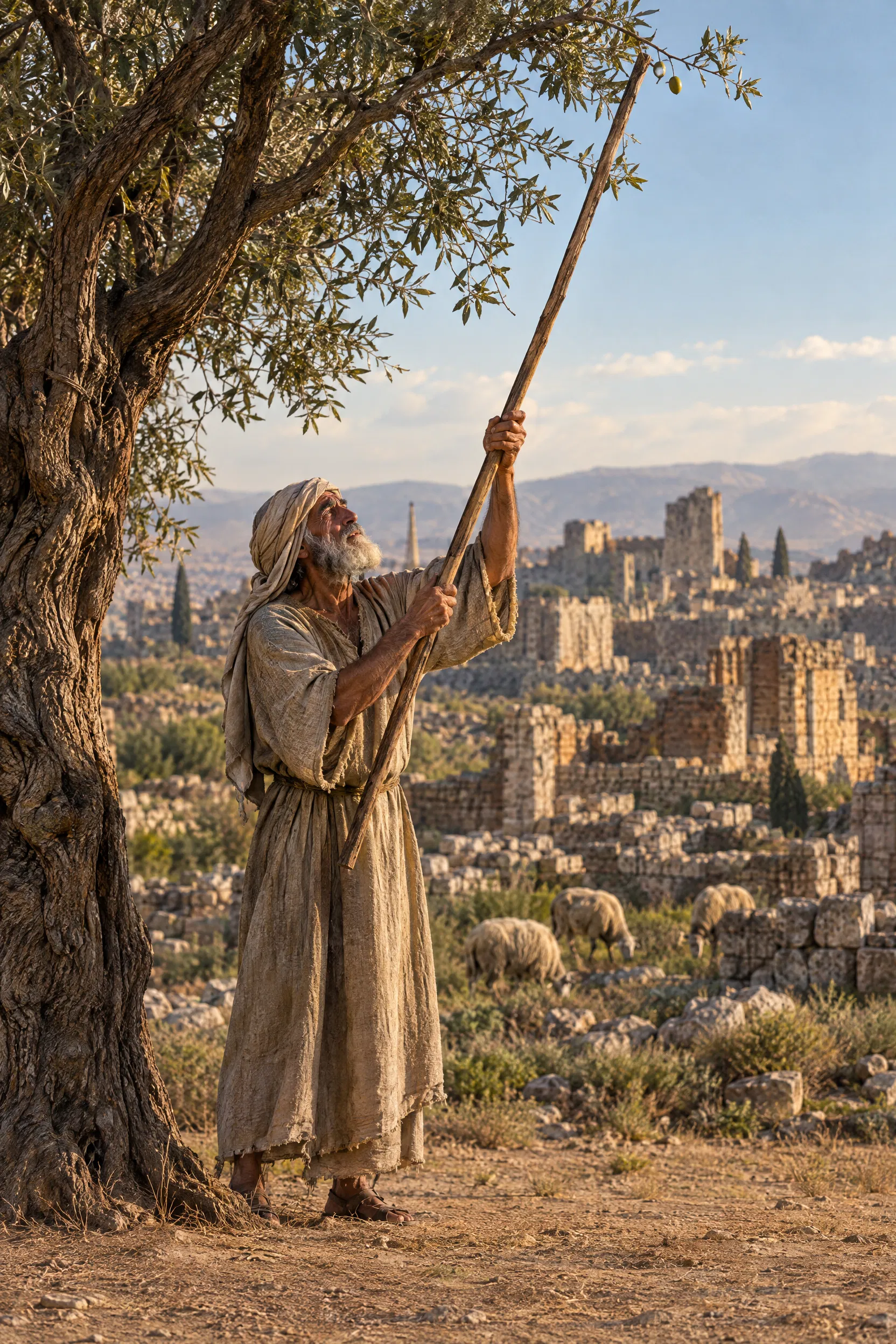 An Old Man Gleans Olives Among Ruins