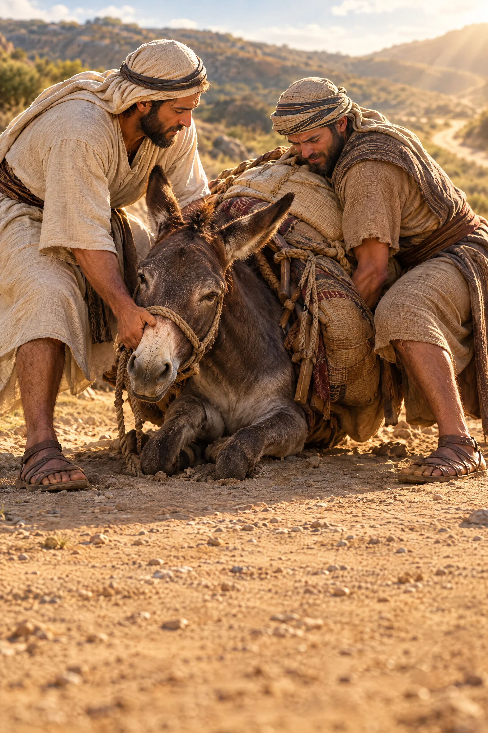 Two Men Lift a Fallen Donkey