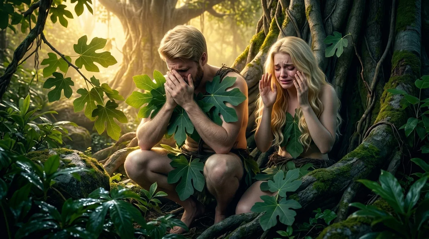 Adam and Eve Weep Covered With Leaves