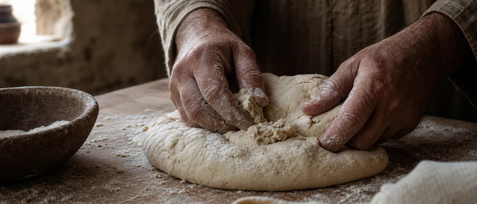 Hands Kneading Leavened Dough on a Table