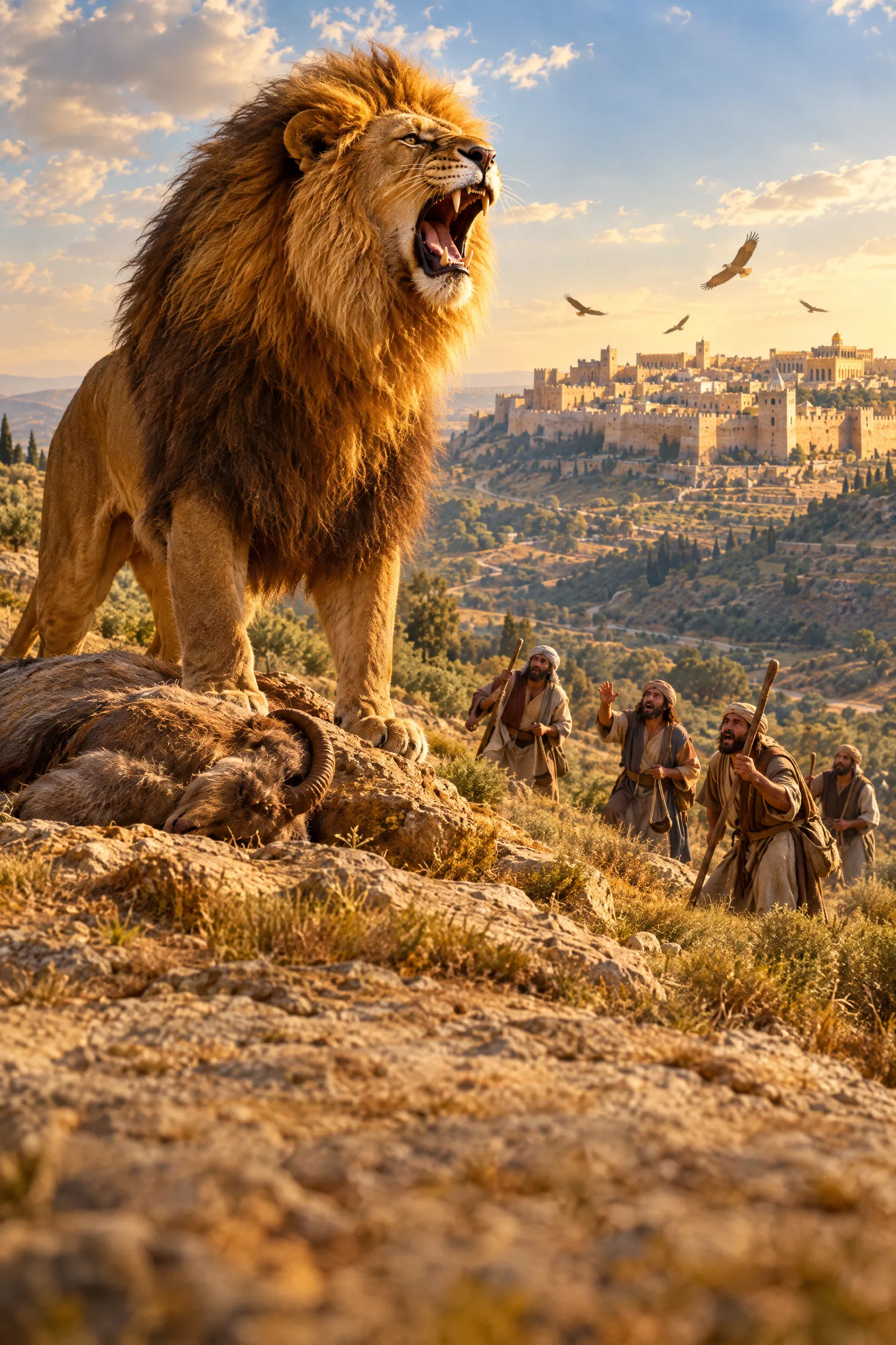 Lion Roars Over Its Prey Before the Shepherds