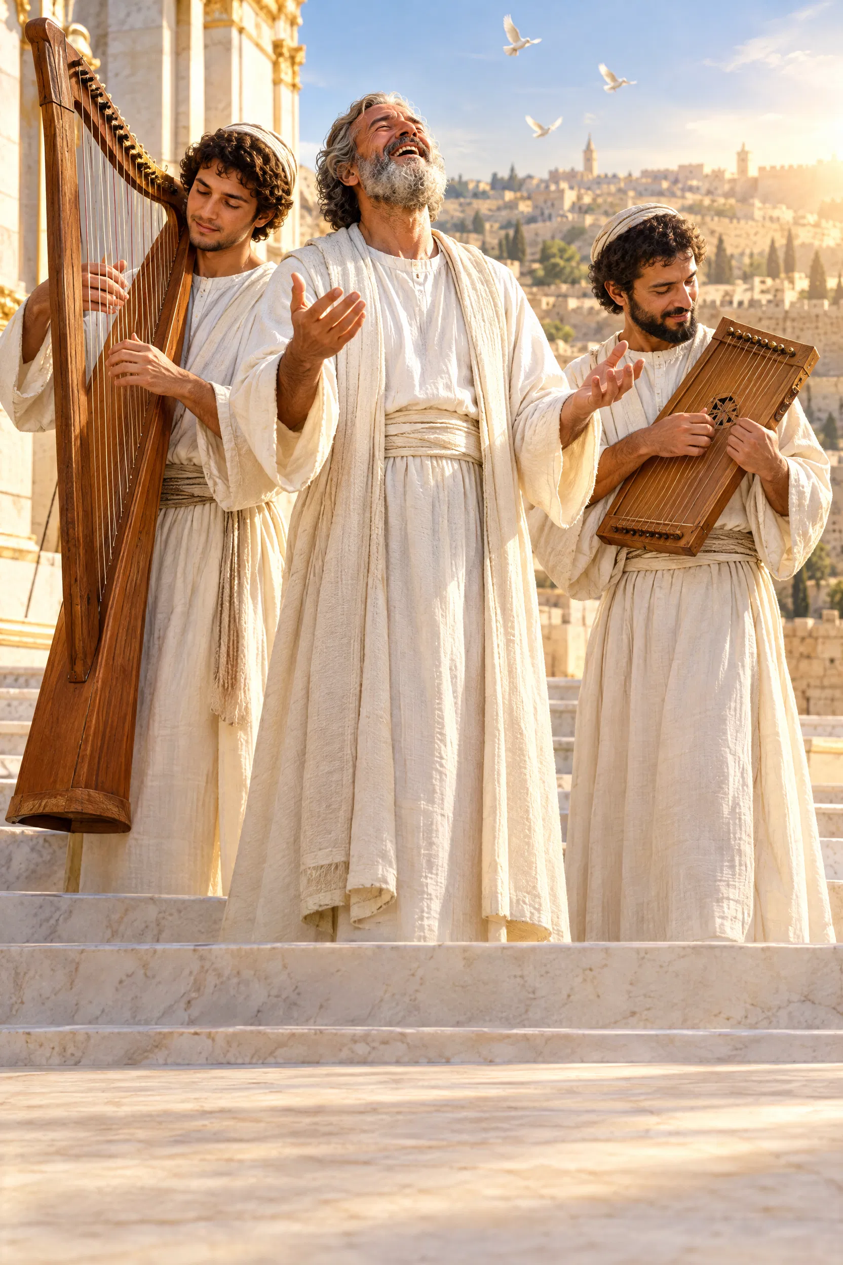 Levite Musicians Sing and Play on Temple Steps
