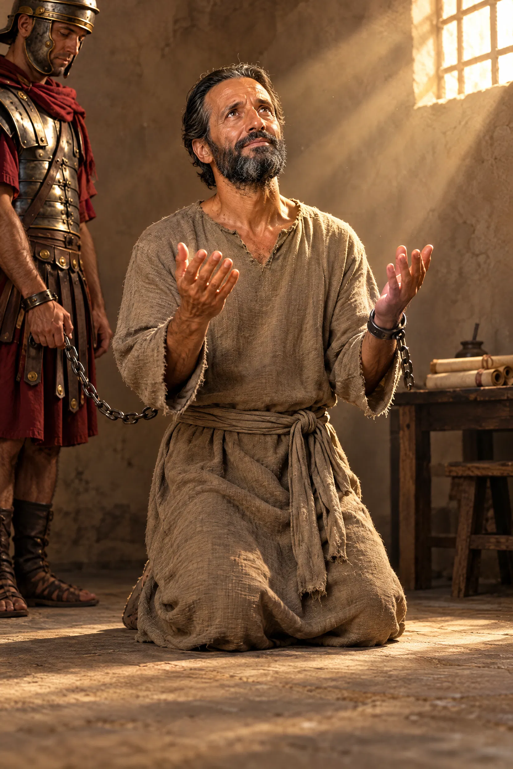 Paul Kneels in Prayer, Chained to a Roman Guard