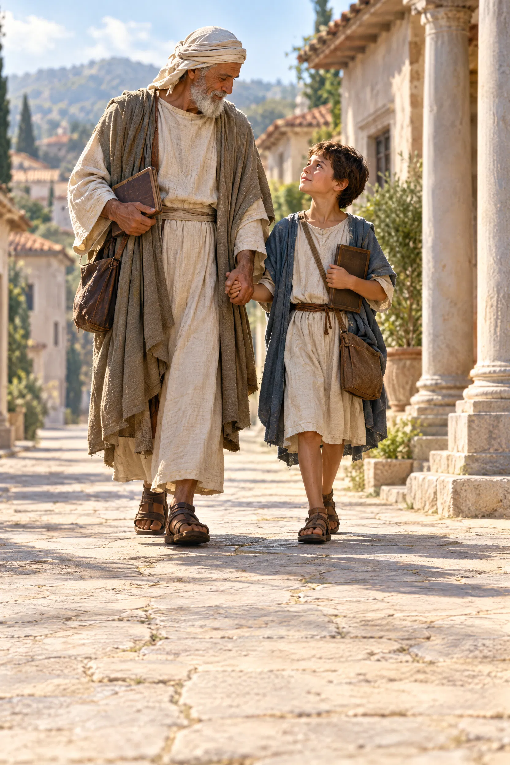 A Tutor Leads a Boy to School