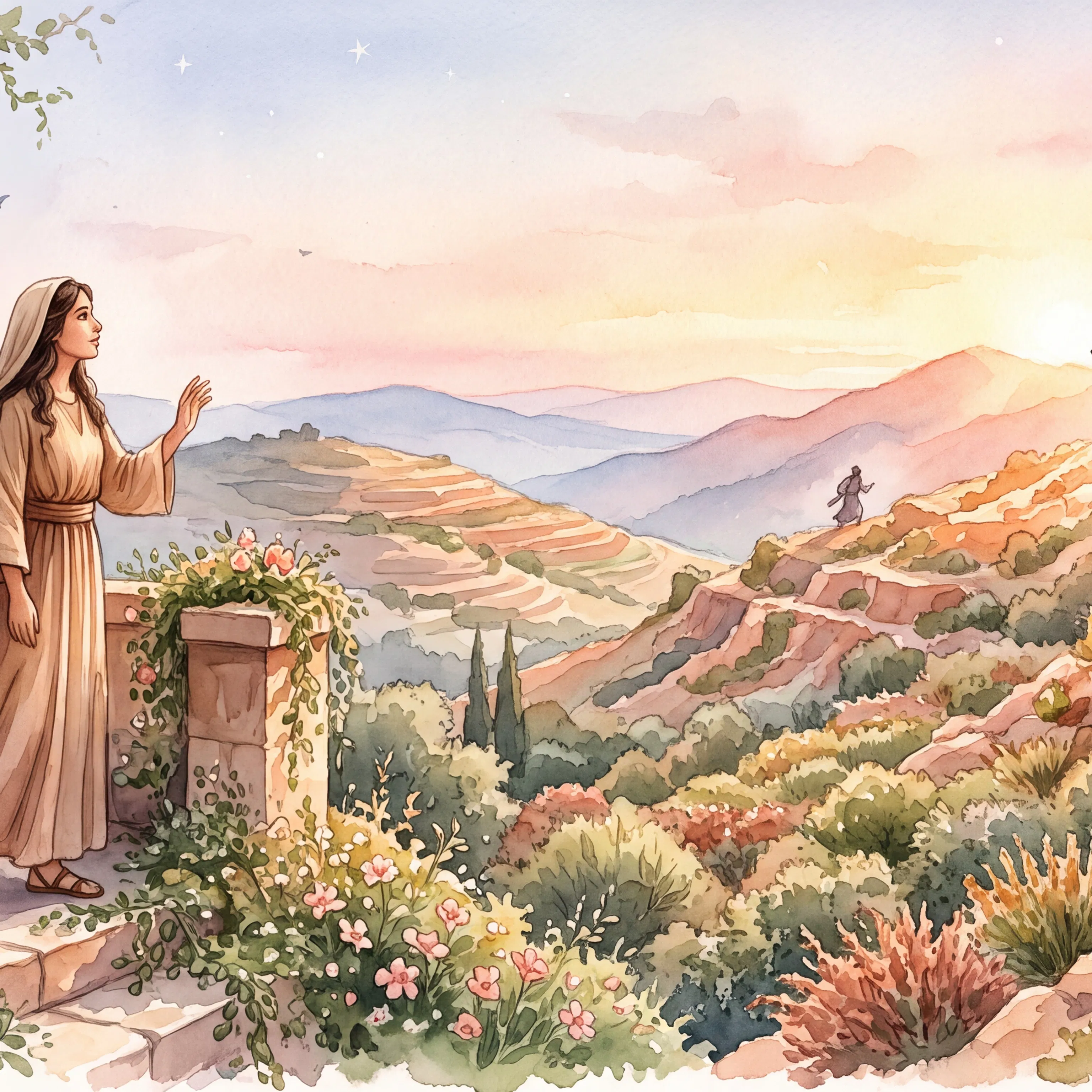Woman on Terrace Watches Gazelle on the Mountains