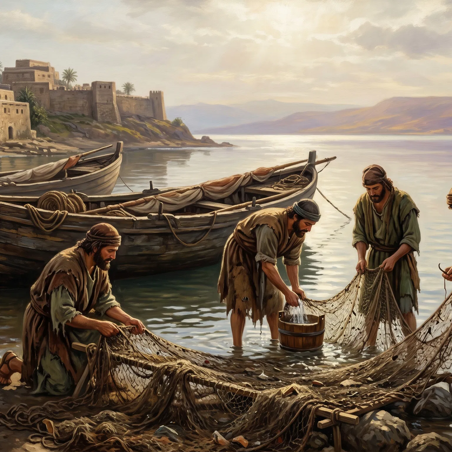 Fishermen Wash and Mend Their Nets