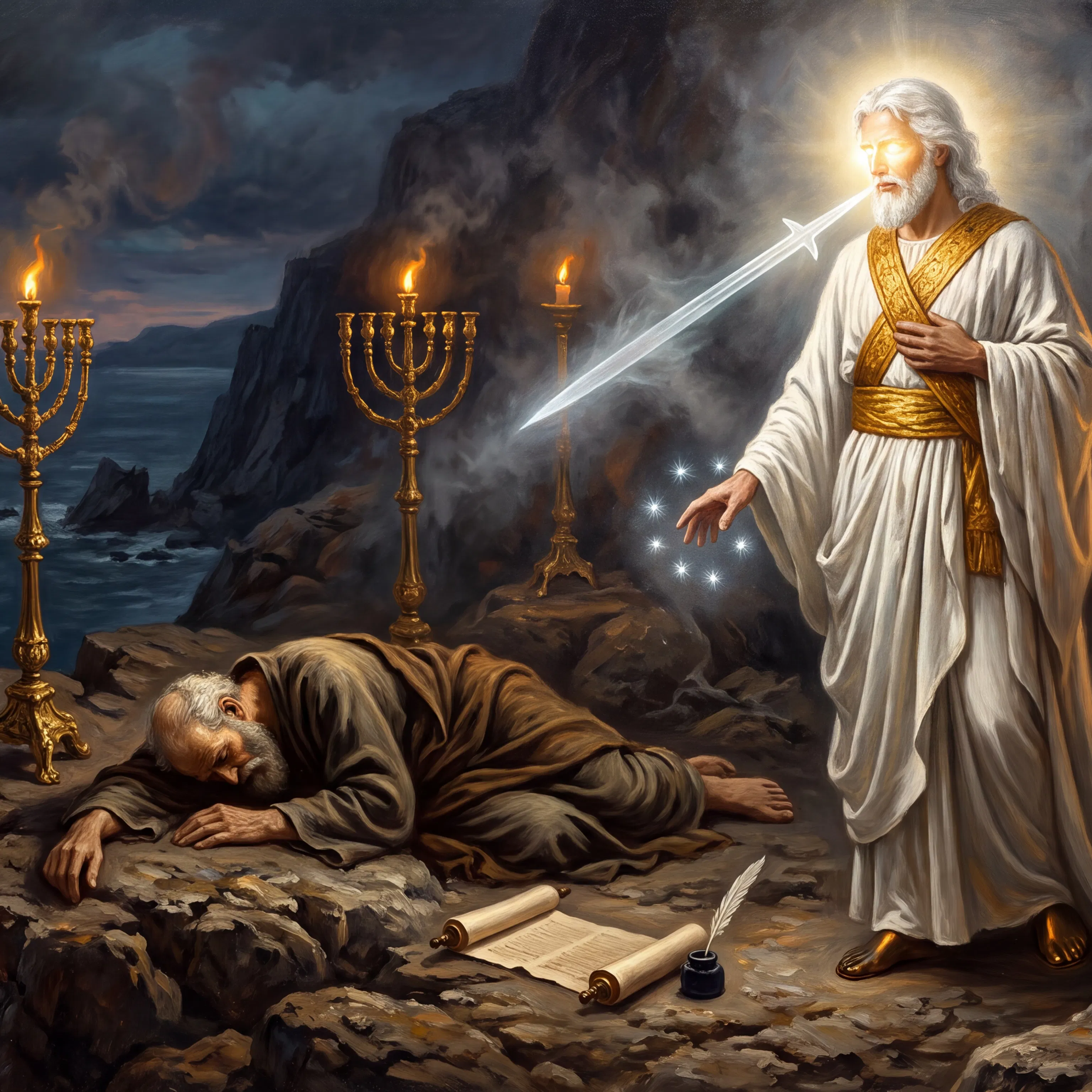 John Falls Before the Glorified Christ on Patmos