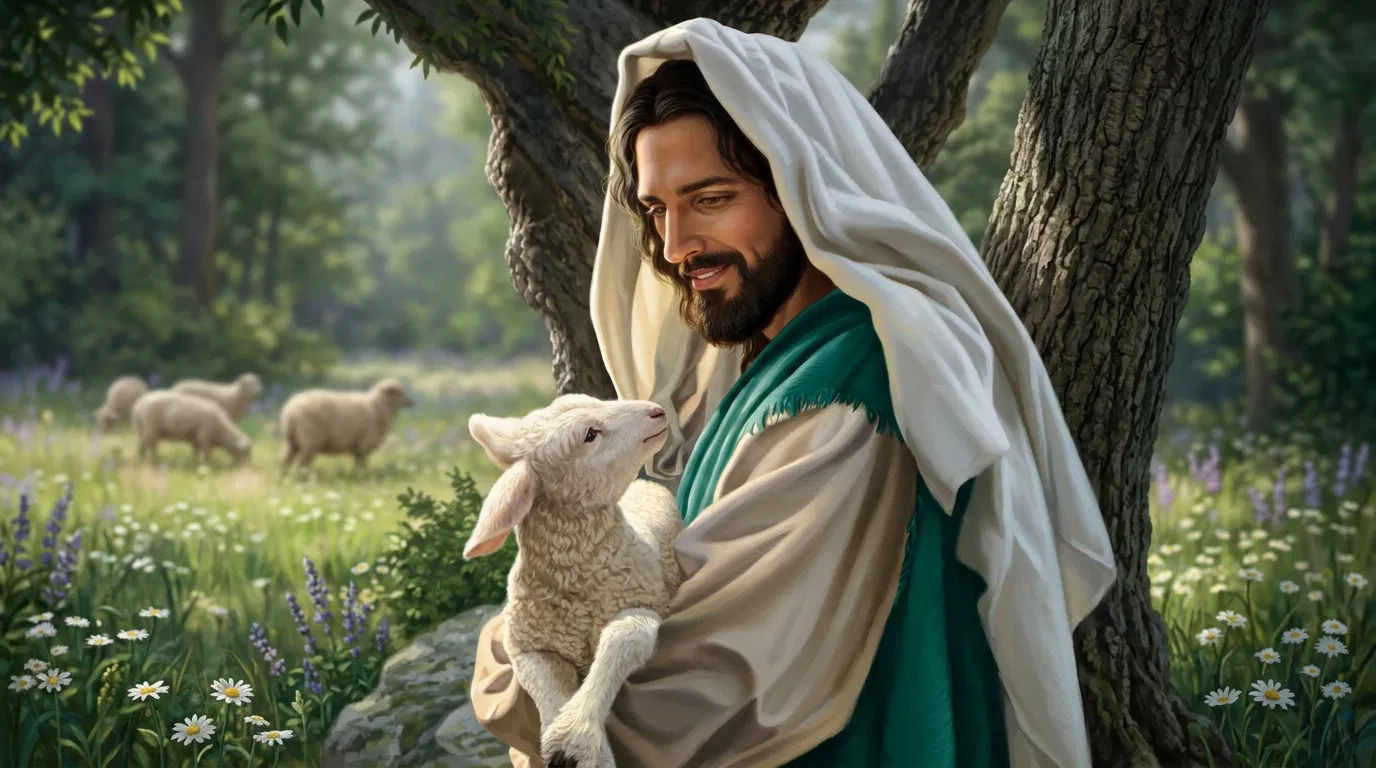 Jesus Holds a Lamb in a Meadow