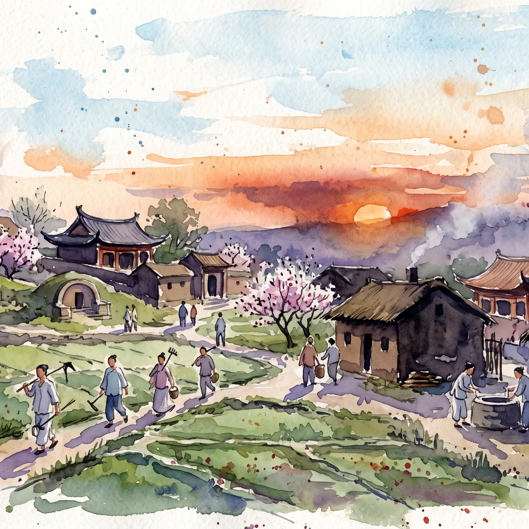 Golden Dusk Over Ancient Village