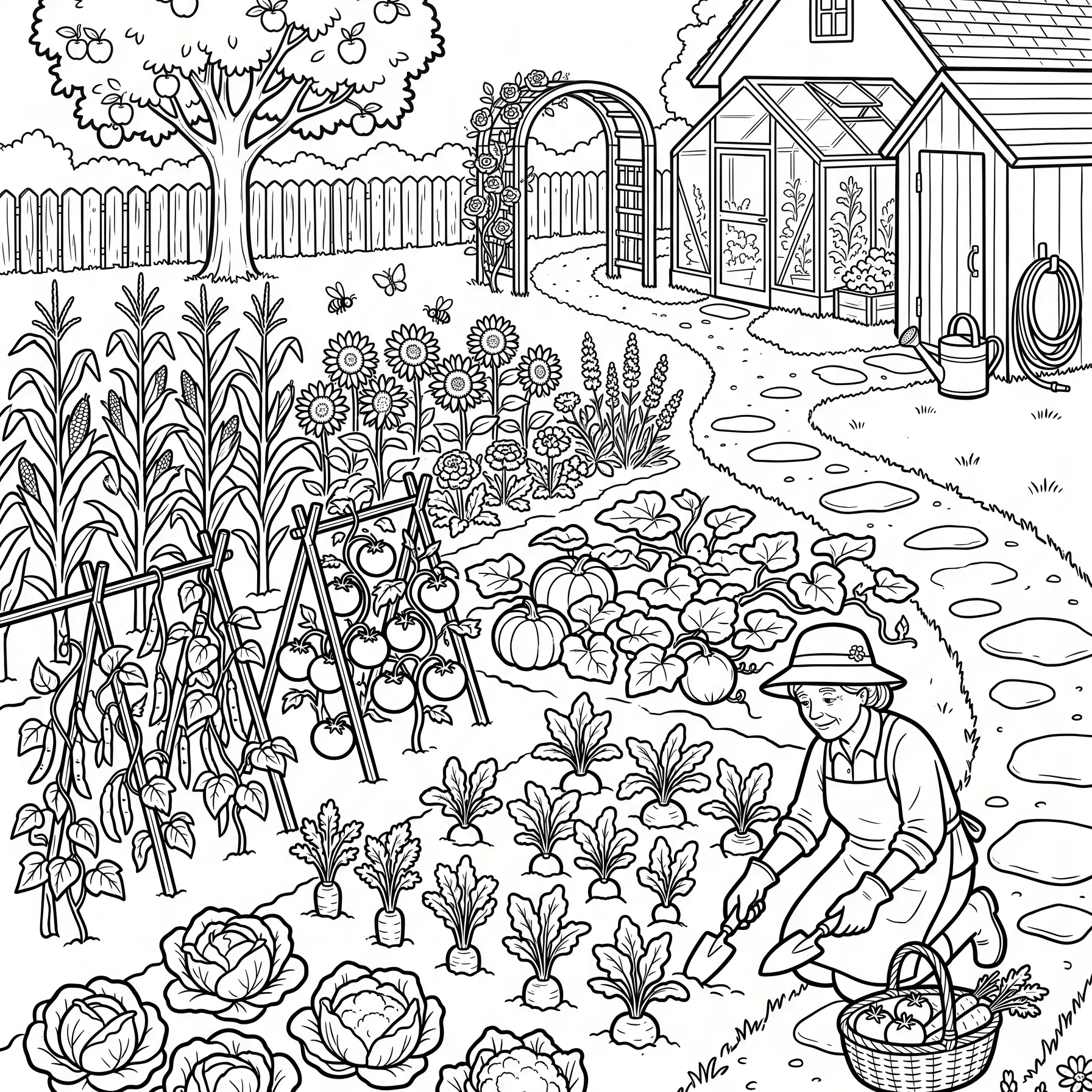 Coloring Page of a Vegetable Garden