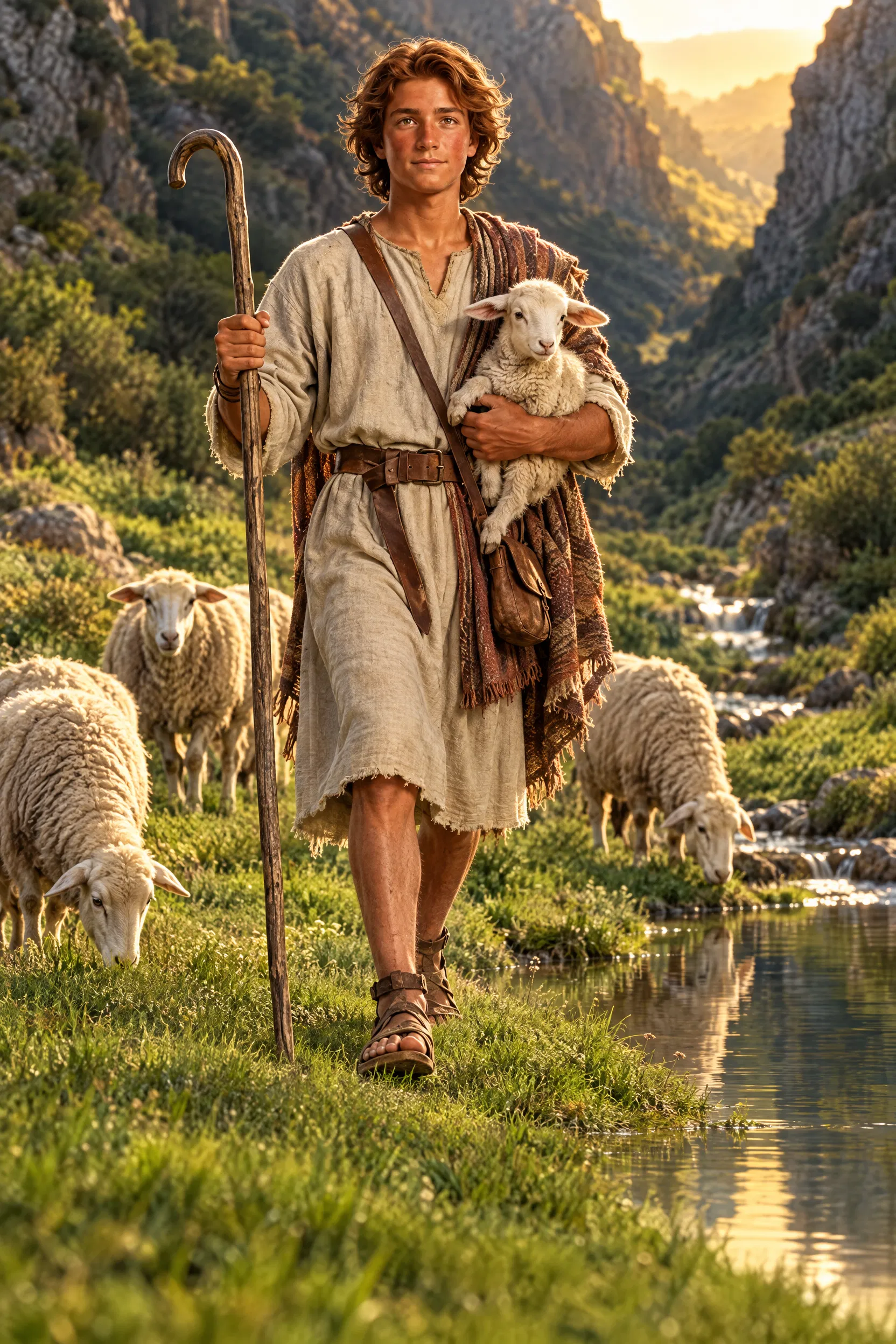 Shepherd Boy David Carries a Lamb by Still Water