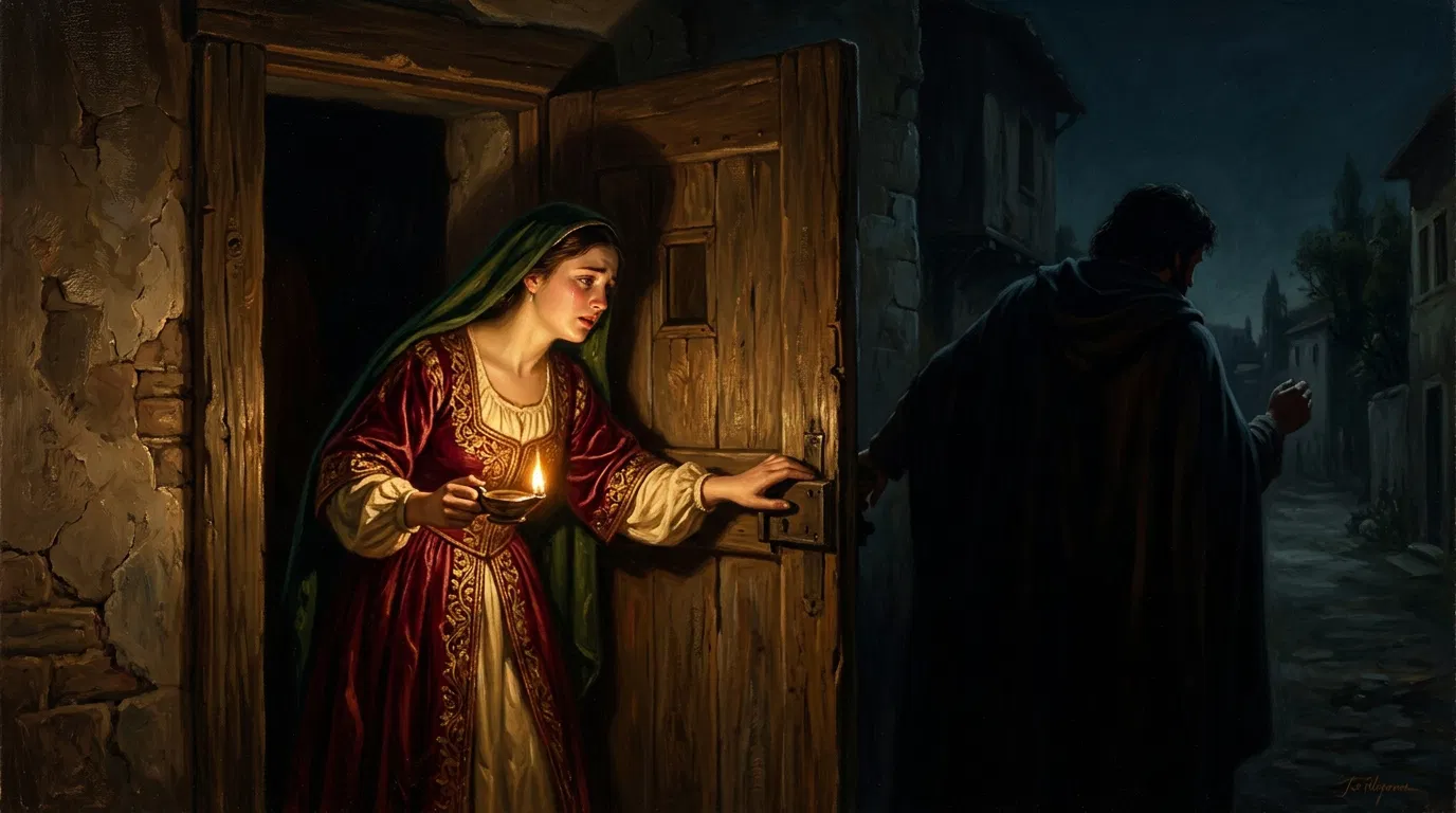 Bride Opens the Door as Her Beloved Leaves