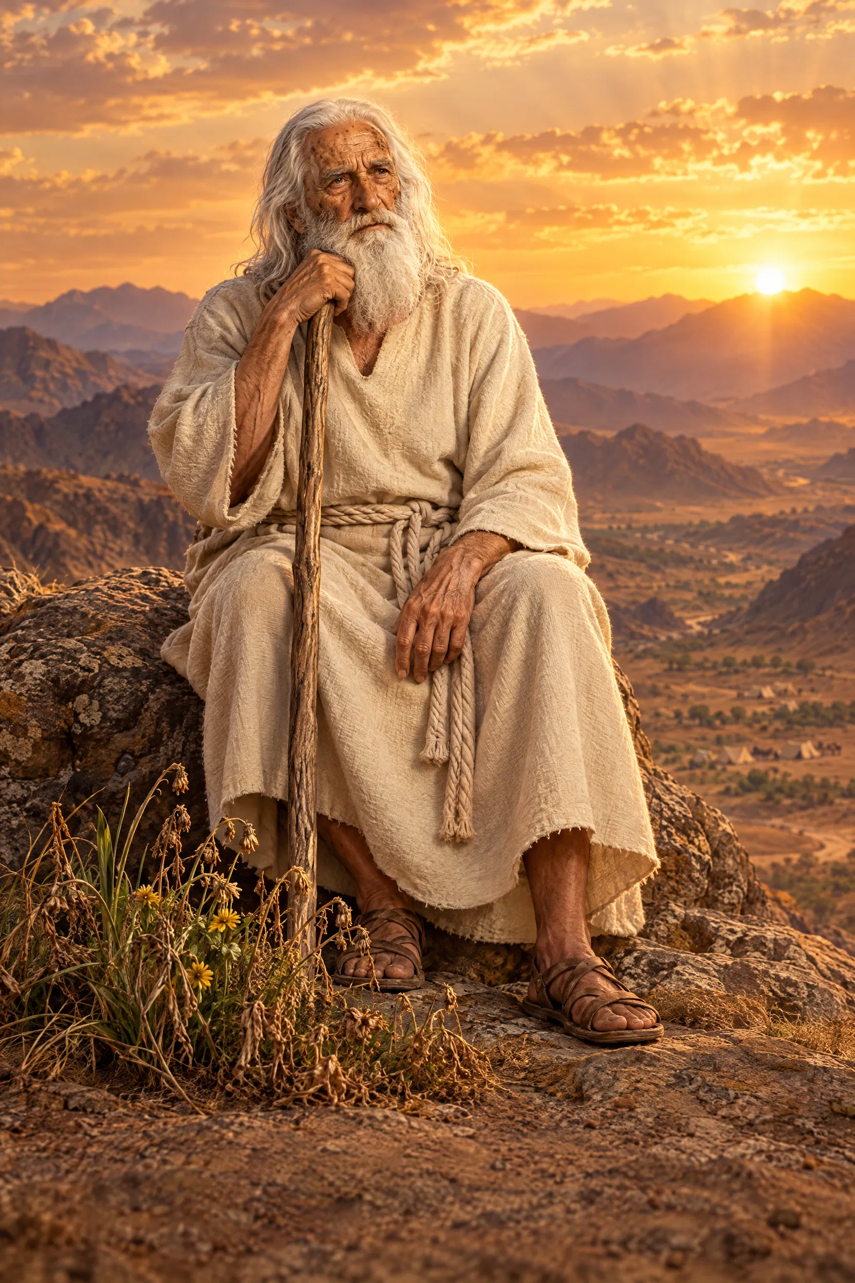 Aged Moses Sits on a Rock at Sunset