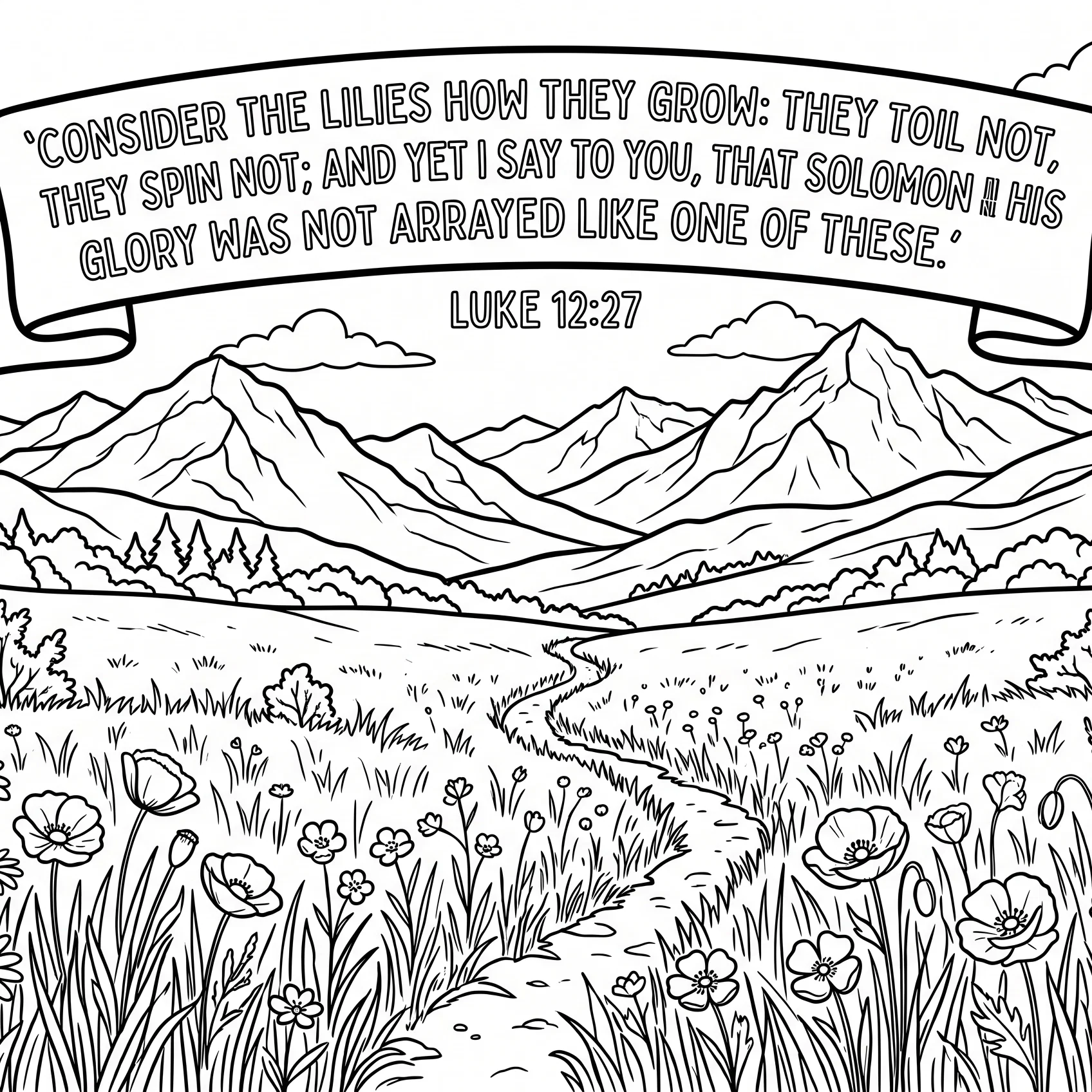 Serene Mountain Meadow Coloring Page