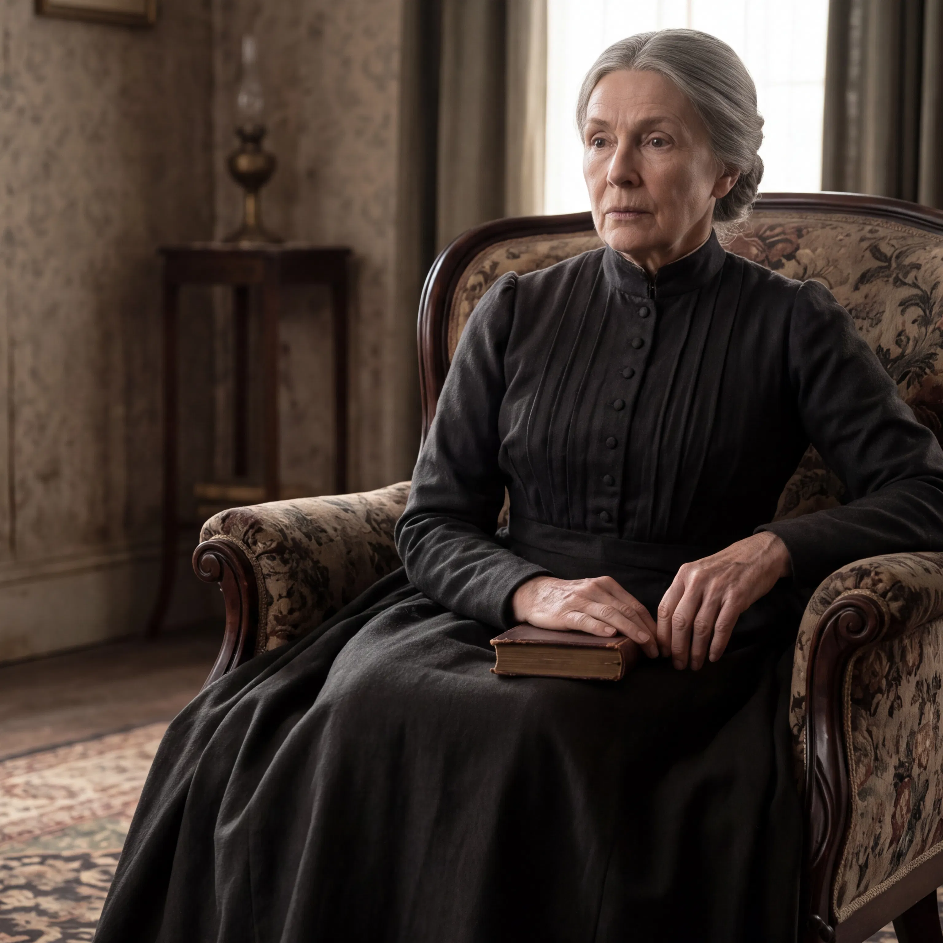 Elderly Woman in Black Dress Seated With Book