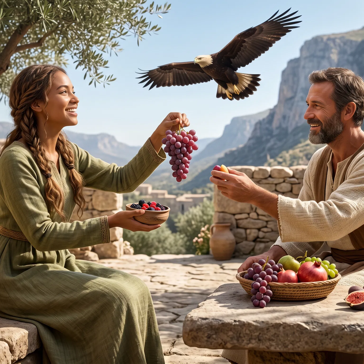 Man and Woman Sharing Fruit Beneath an Eagle