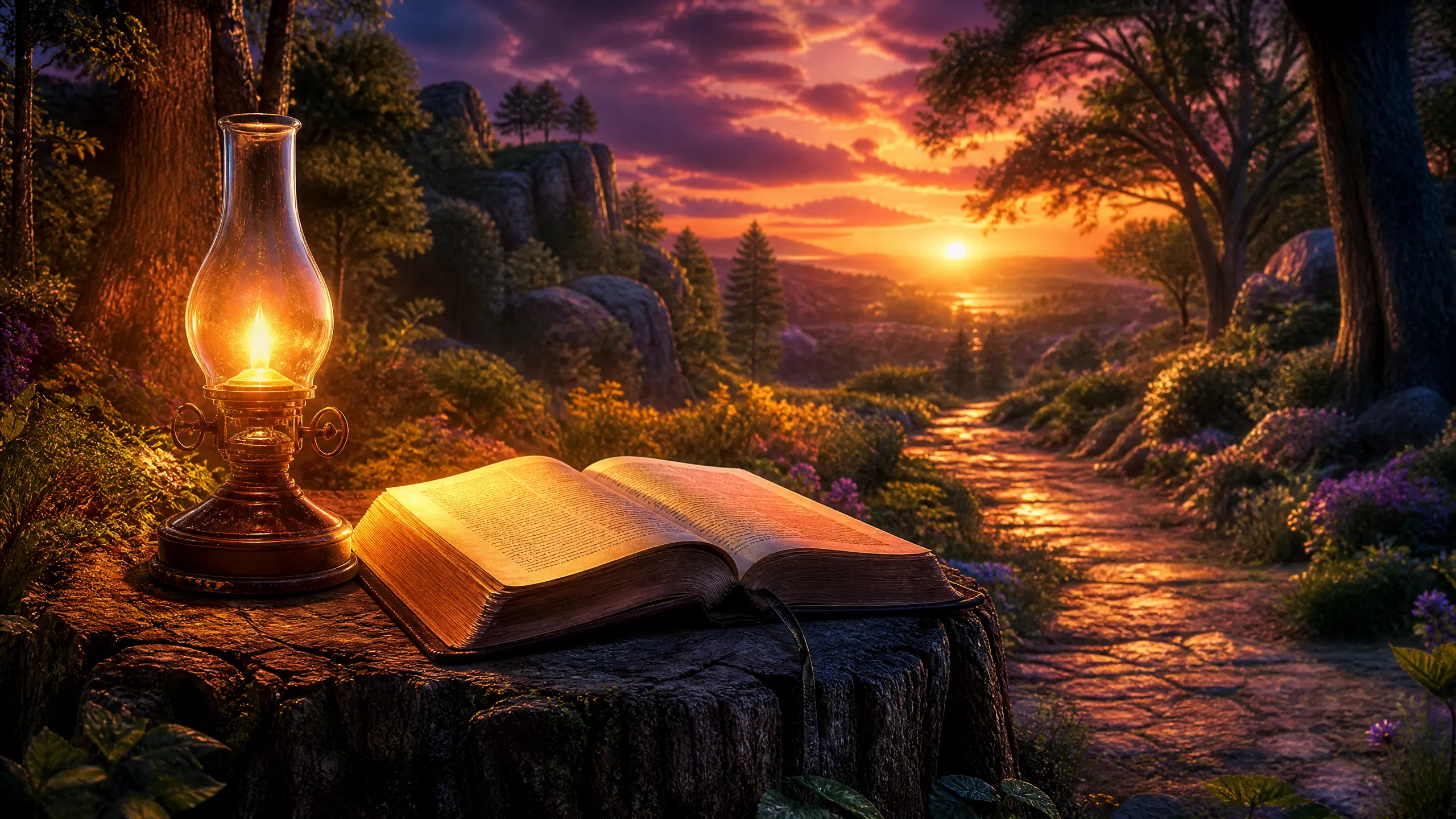 Open Bible Beside an Oil Lamp on a Stump