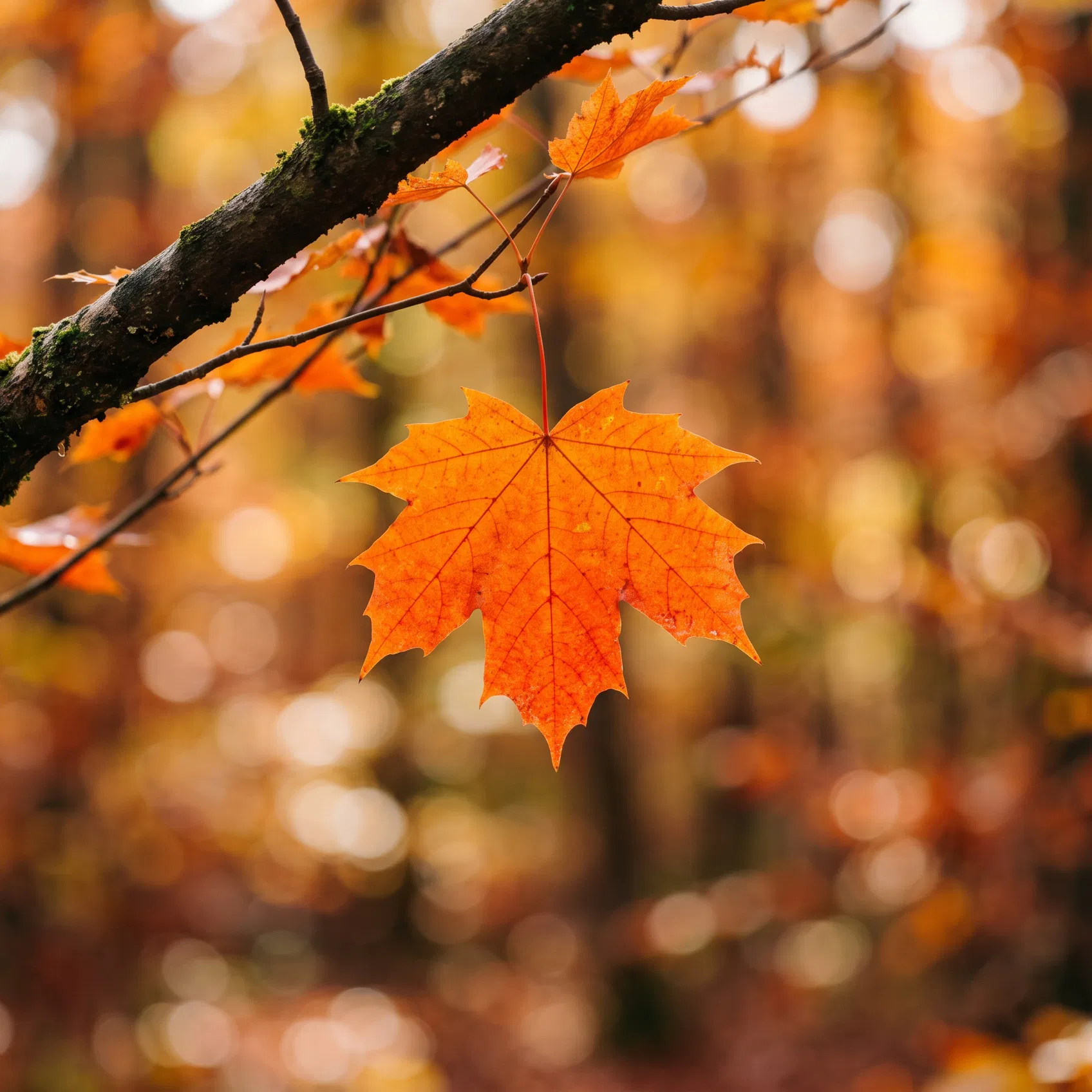 Orange Maple Leaf Hanging in an Autumn Forest