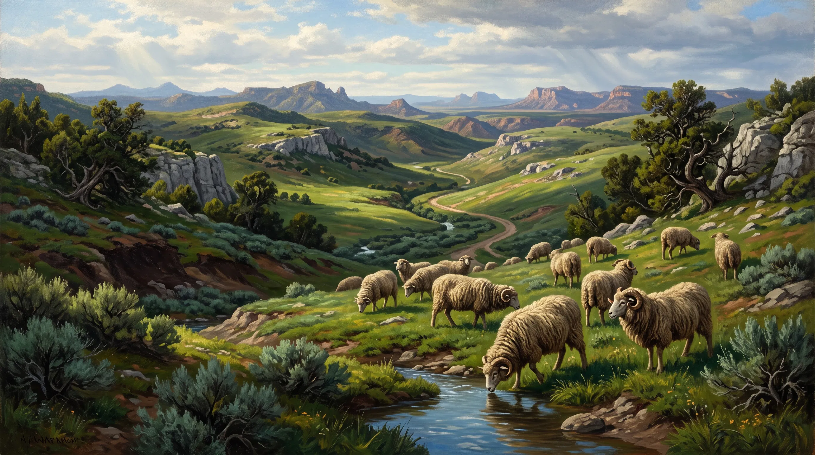 Sheep Grazing Beside a Stream in Green Hills