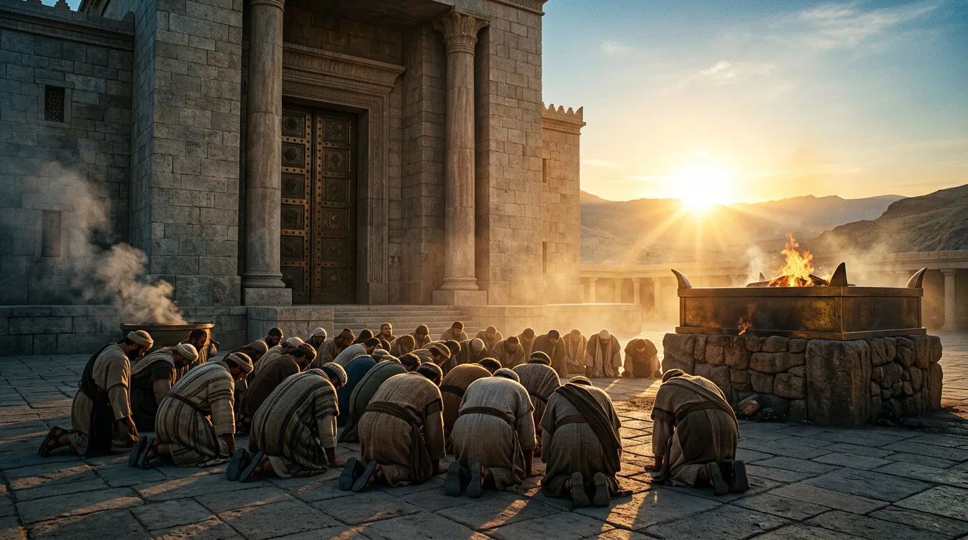 Men Bowing to the Sun at the Temple Entrance
