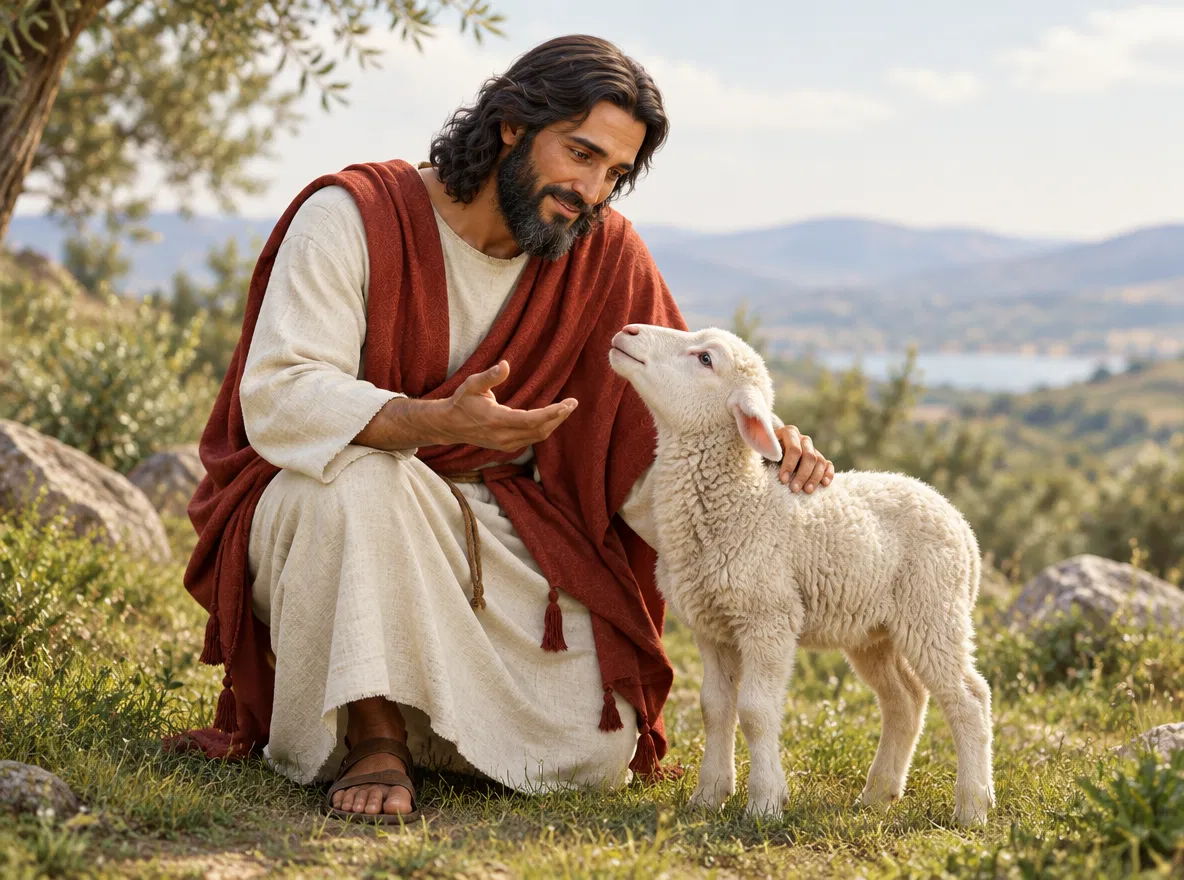 Jesus Kneeling Beside a Lamb on a Hillside