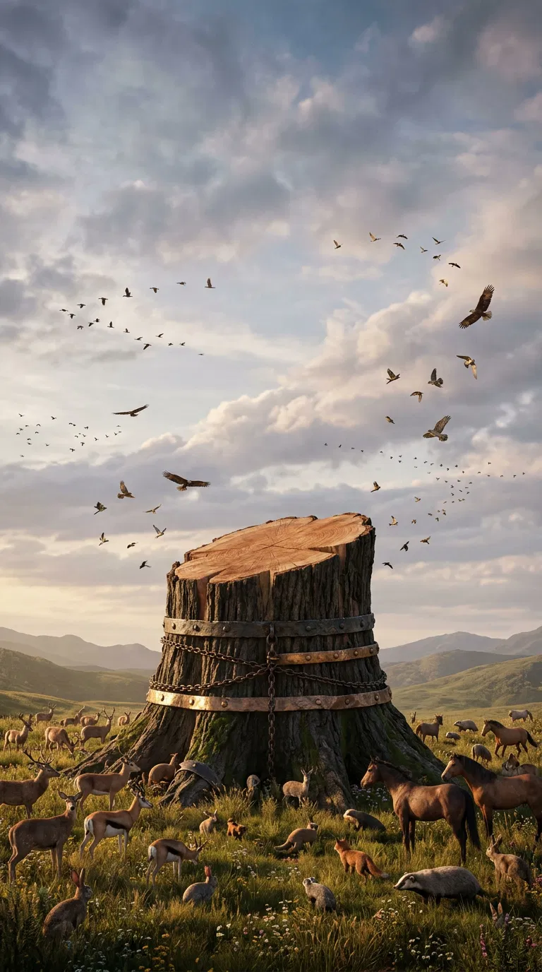 Bound Stump With Animals and Birds Beneath the Clouds