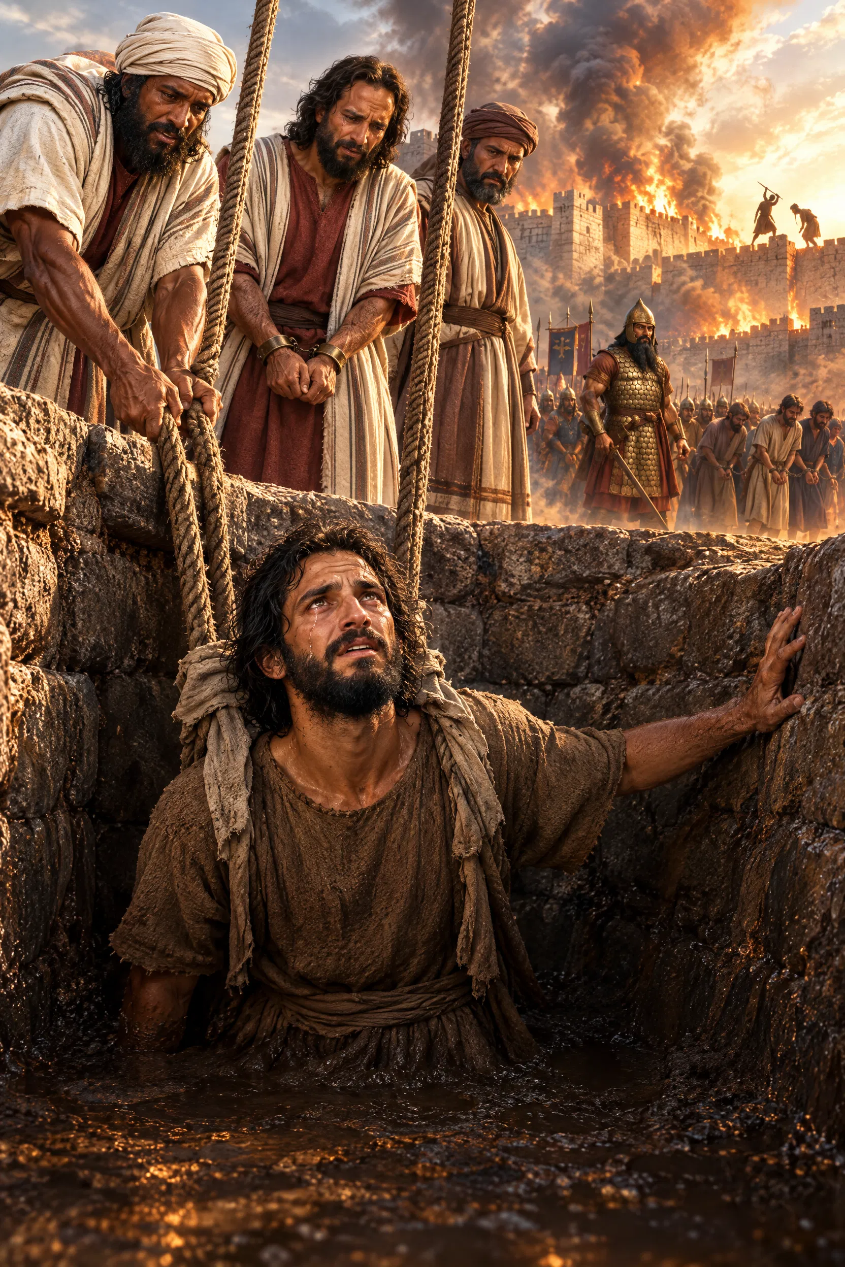 Jeremiah Is Lowered into the Cistern as Jerusalem Burns
