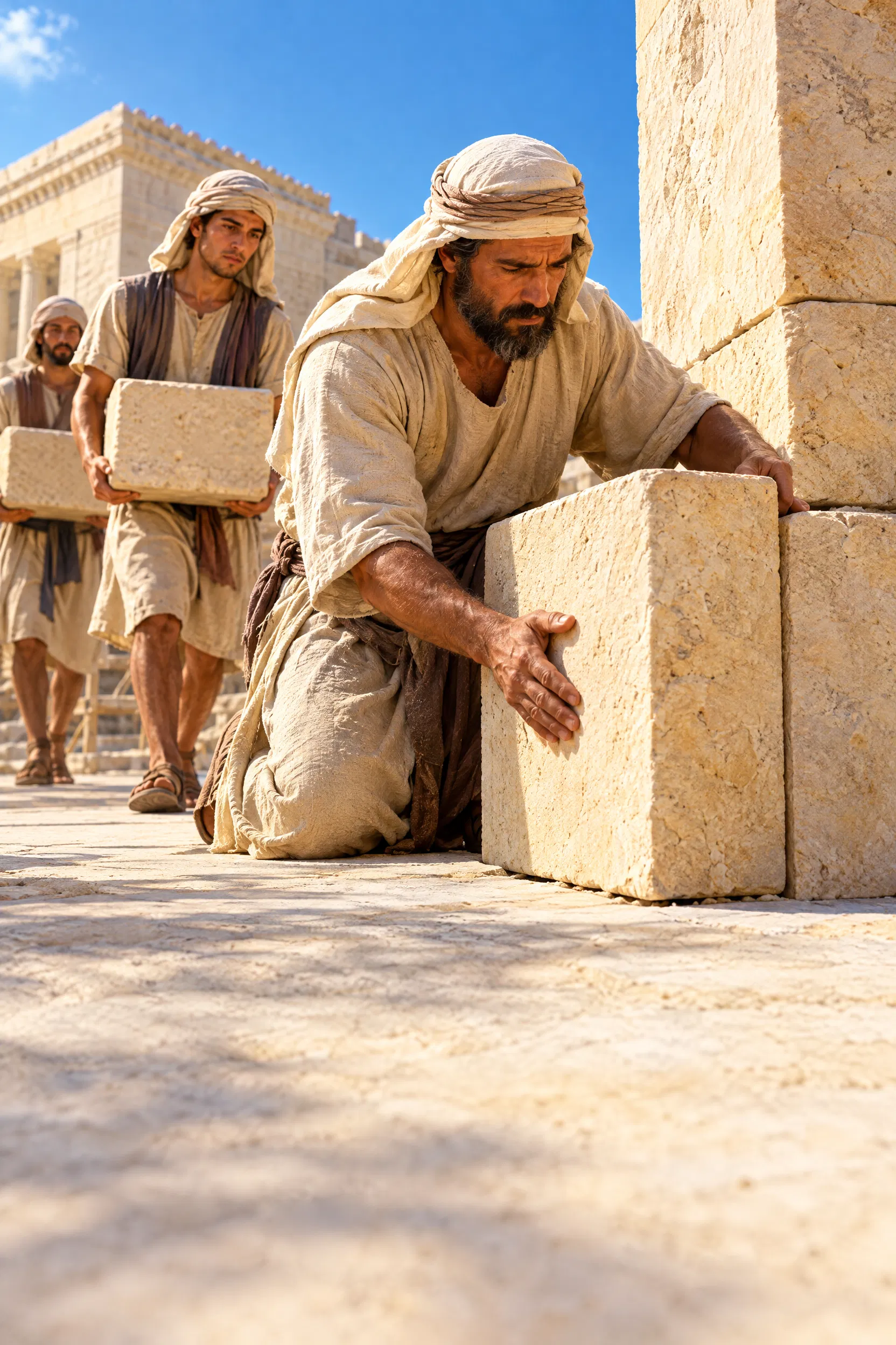 A Builder Sets the Cornerstone in Place
